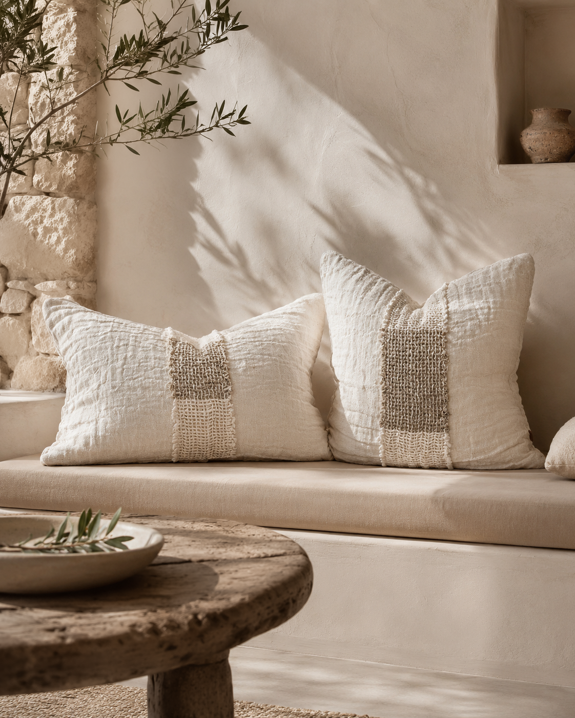 Dune rectangle and square cushions styled on a built in bench, showcasing soft woven textures and warm neutral tones in a relaxed Mediterranean inspired setting.