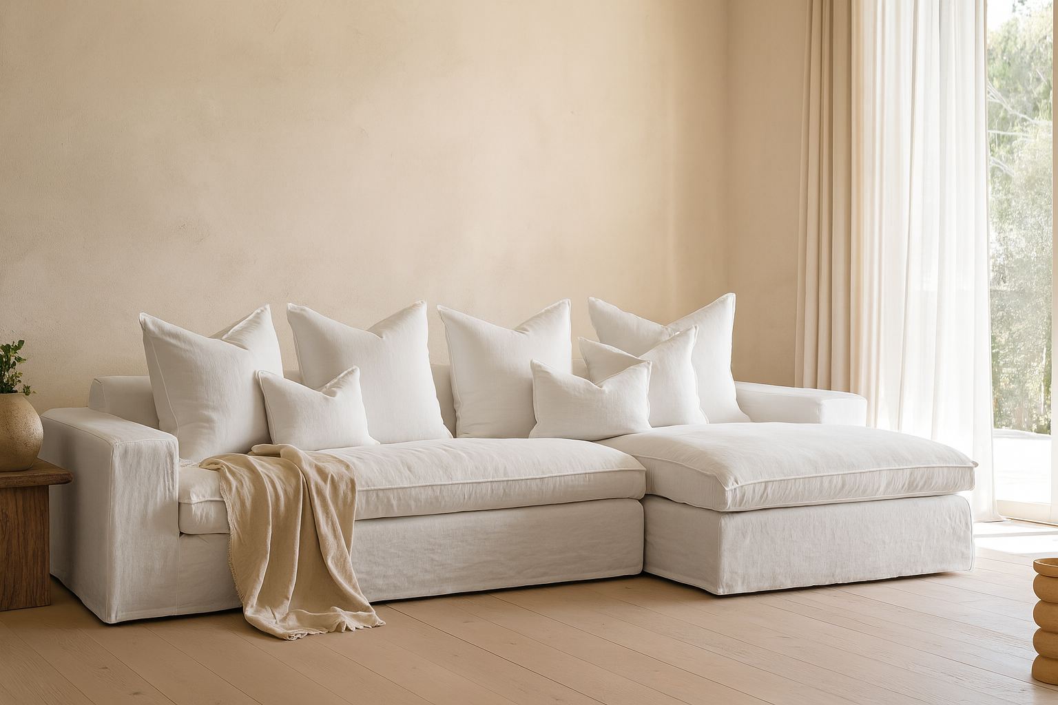 White linen slipcover sofa styled in a neutral living room with layered cushions, soft draped throw and sheer curtains in natural light