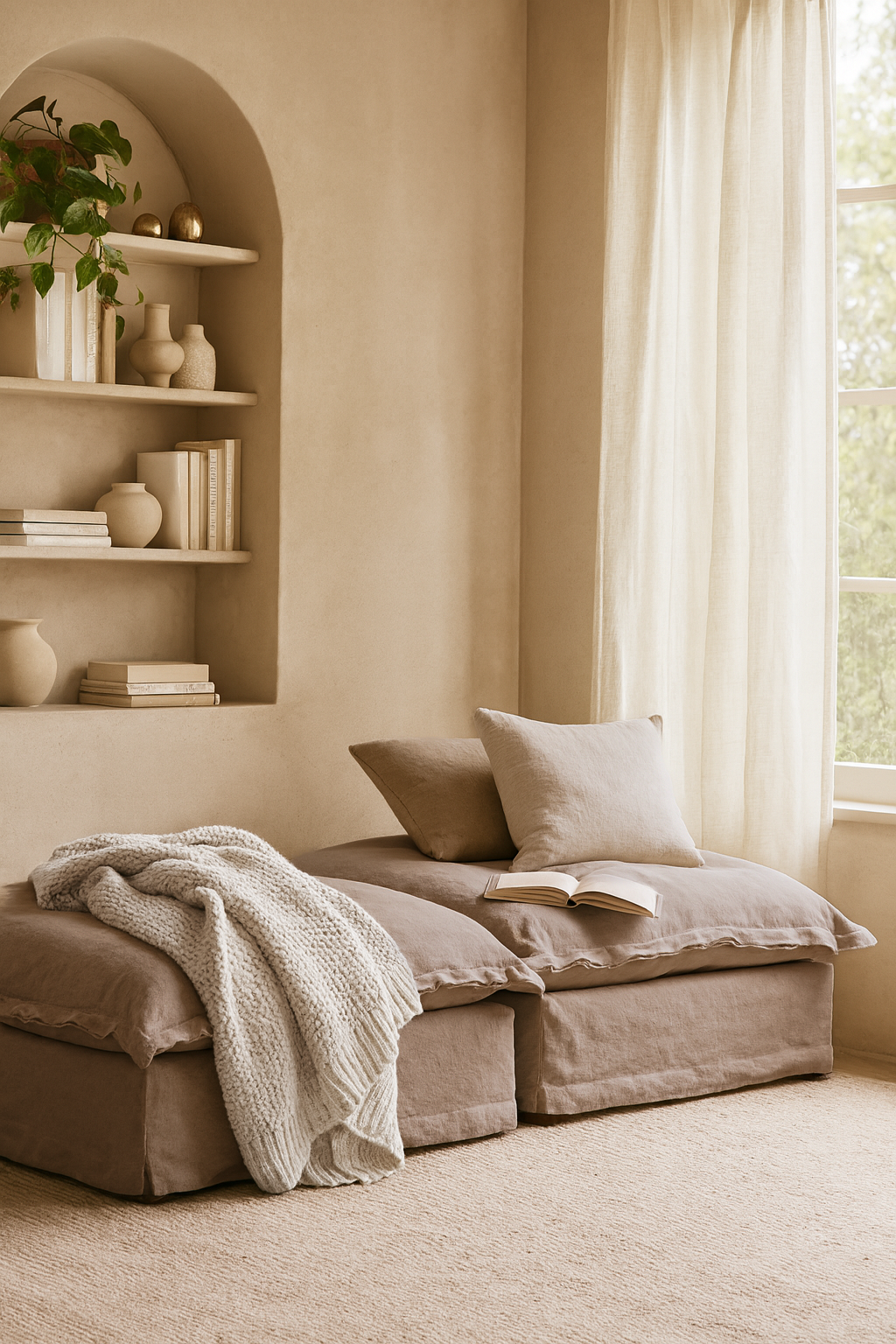 Earth-toned linen daybed with matching cushions, knitted throw, and an open book, styled beside arched shelves with neutral decor and sheer curtains.
