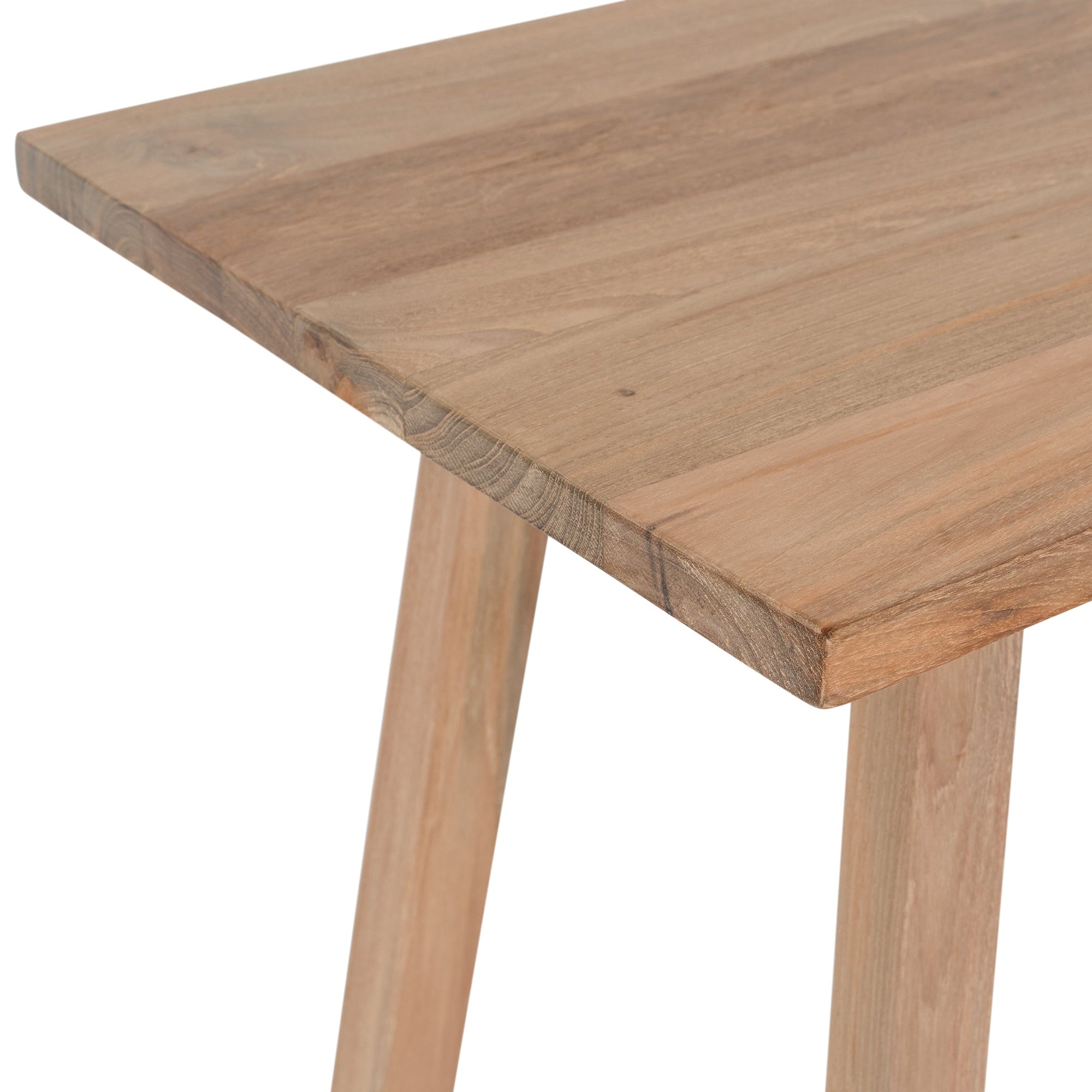 Natural finish folding teak console table with cross-brace detail, ideal for modern and rustic interiors