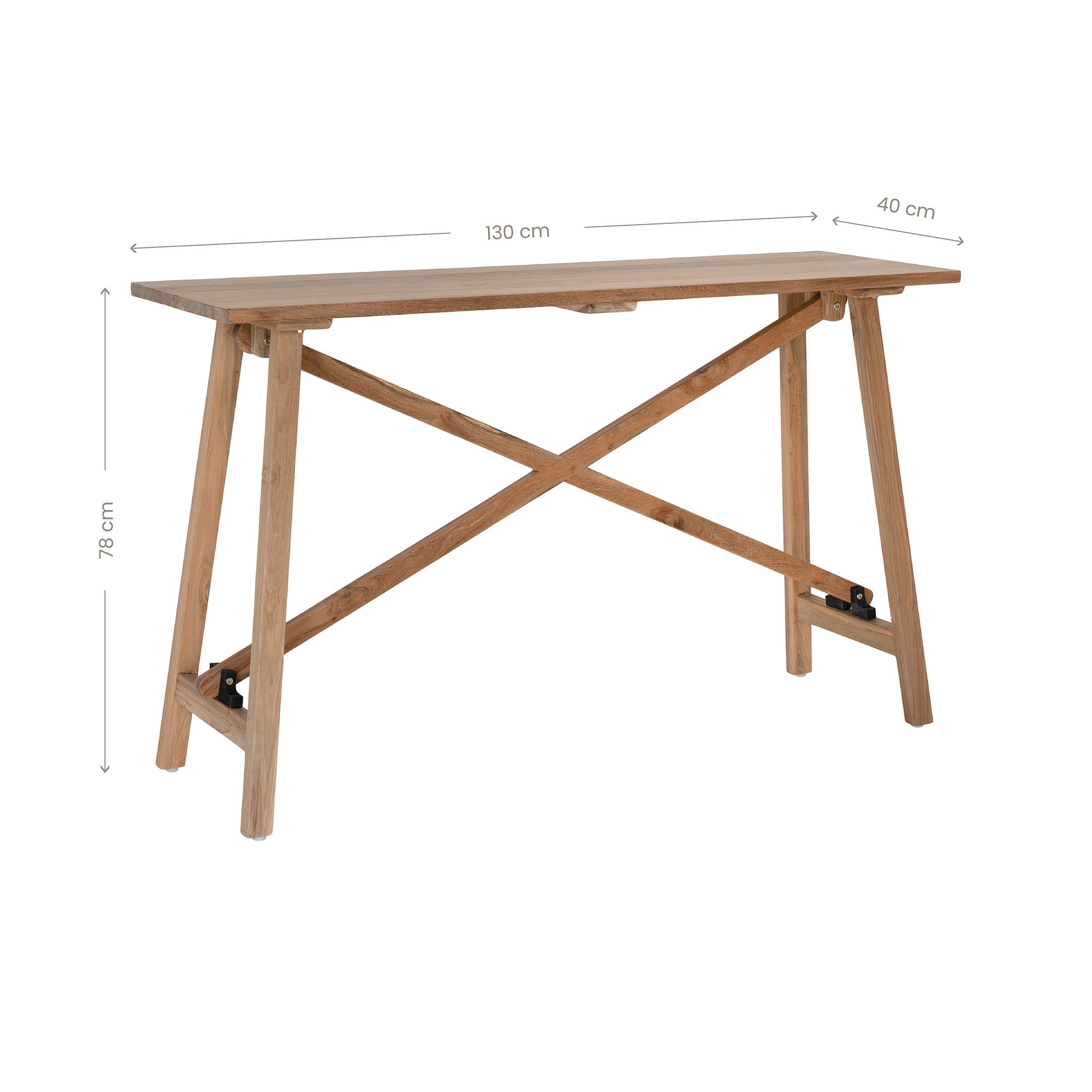 Natural finish folding teak console table with cross-brace detail, ideal for modern and rustic interiors