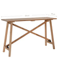 Natural finish folding teak console table with cross-brace detail, ideal for modern and rustic interiors