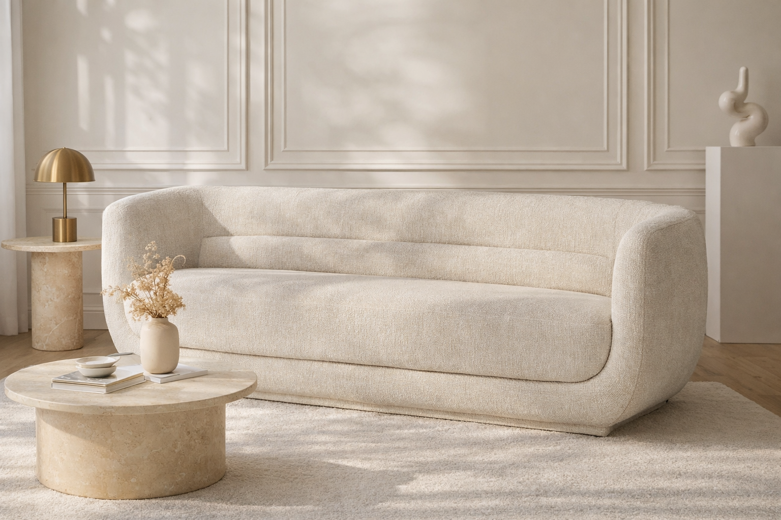 Francisco sofa in cream boucle with a soft curved silhouette, styled in a refined neutral living room with a round marble coffee table and warm brass accents.