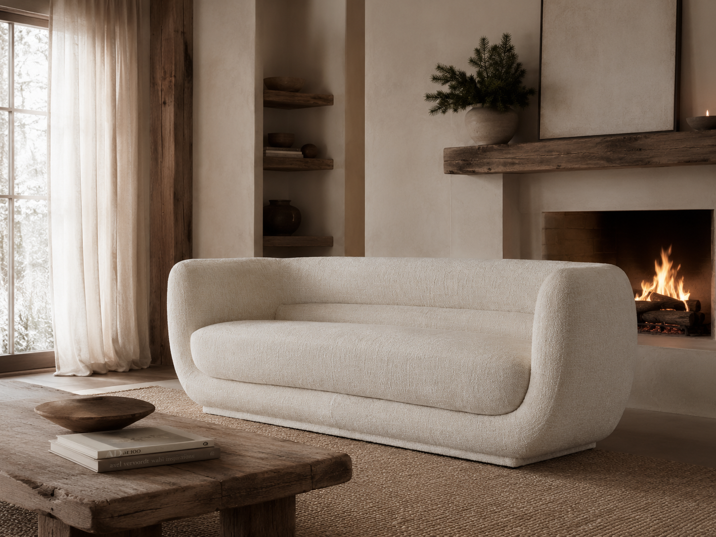 Francisco Sofa in Ivory bouclé creates a warm and inviting focal point beside a fireplace in a relaxed interior