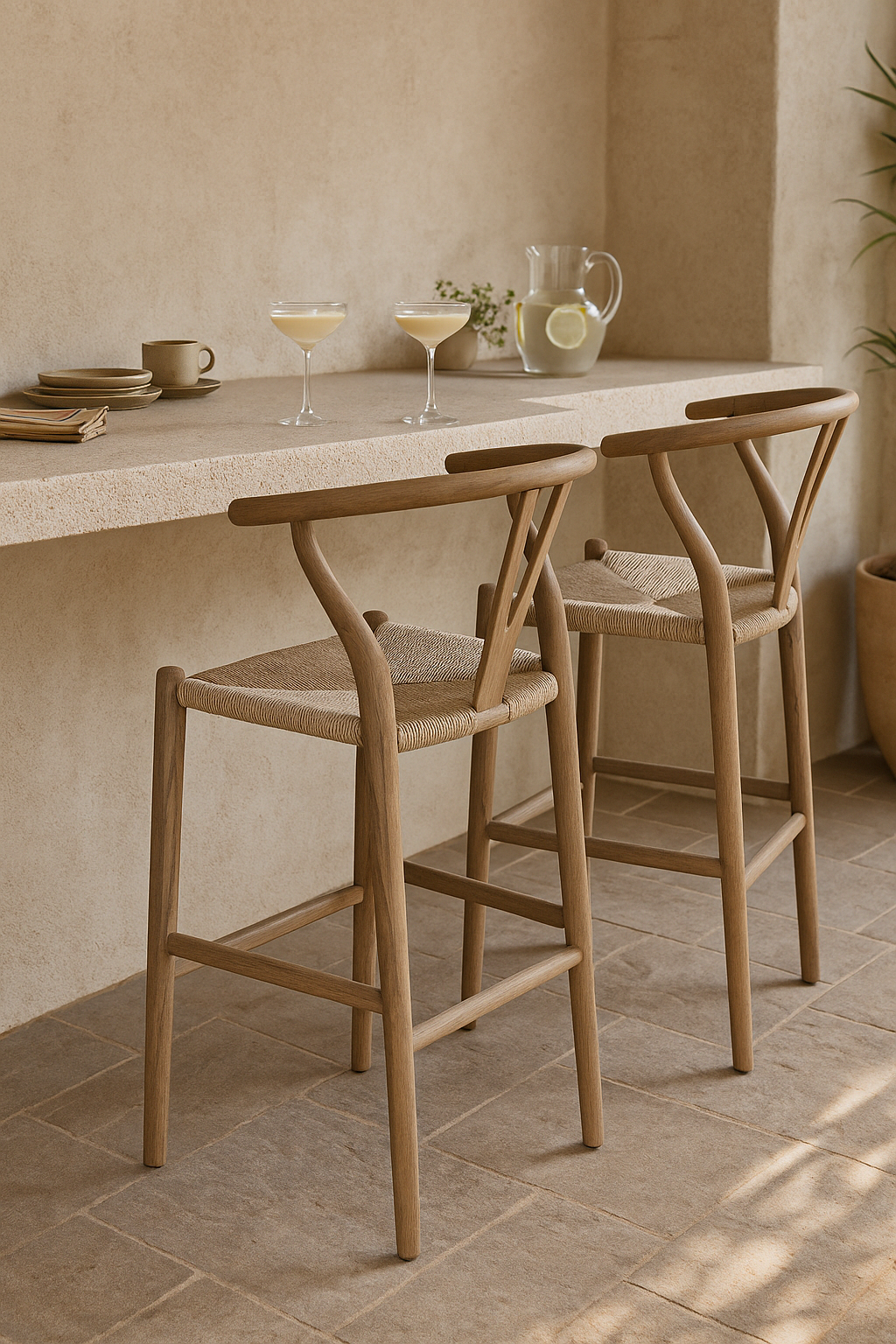 Haani Teak Bar Chair styled in a Mediterranean-inspired outdoor setting, featuring a curved teak frame and woven seat at a rendered stone counter with natural tableware and drinks.