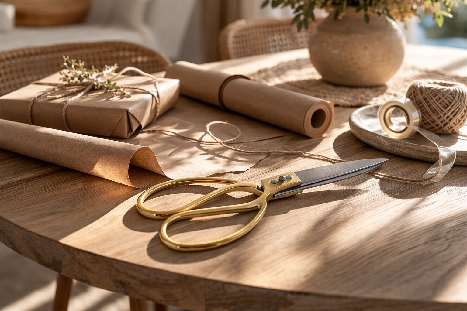 Hand forged artisan brass and metal scissors styled on a timber table with kraft wrapping paper, twine and soft golden afternoon light.