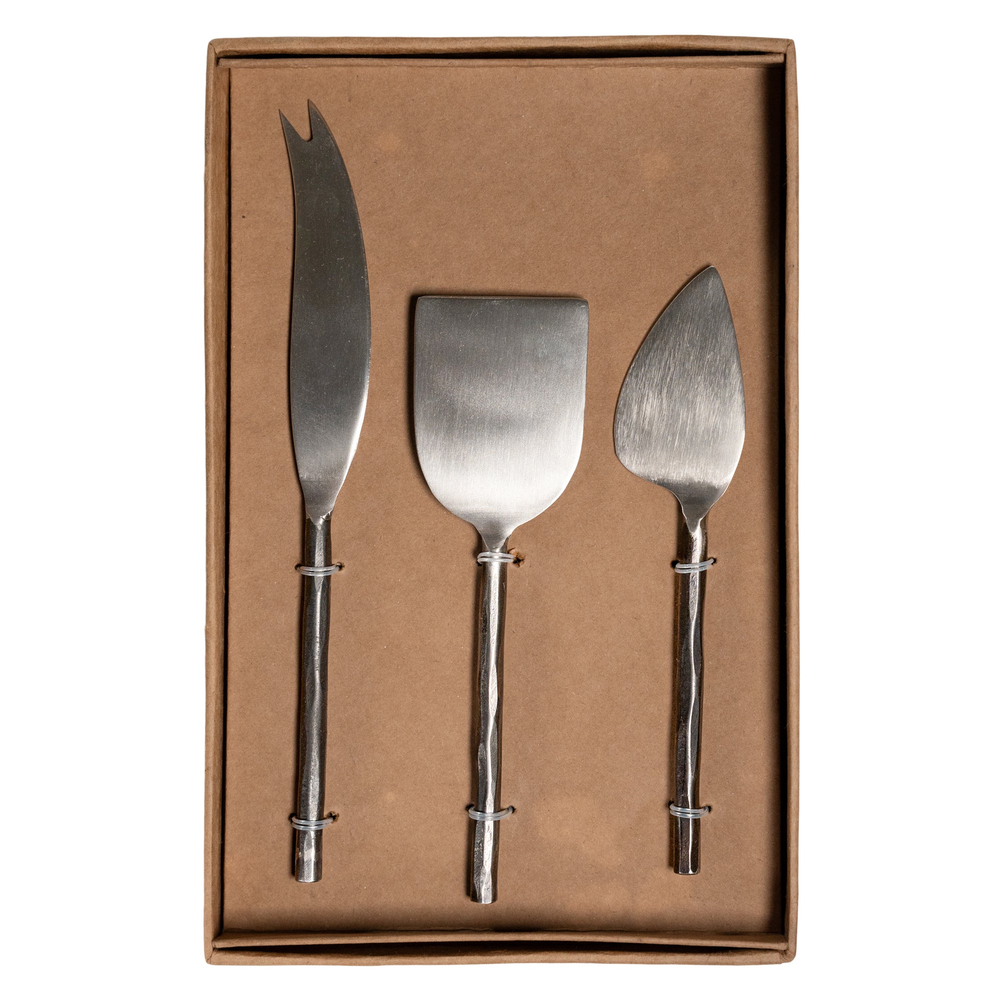 A set of three handcrafted stainless steel cheese knives with hand-forged handles, elegantly presented in a minimalist kraft gift box. Perfect for serving a variety of cheeses with style and sophistication