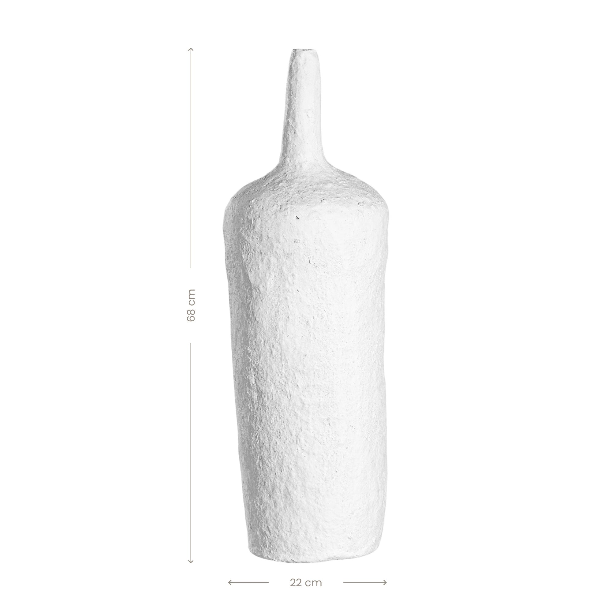 A handcrafted white paper mache vase with a raw, textured finish and an elongated silhouette. A striking sculptural piece perfect for minimalist or contemporary interiors