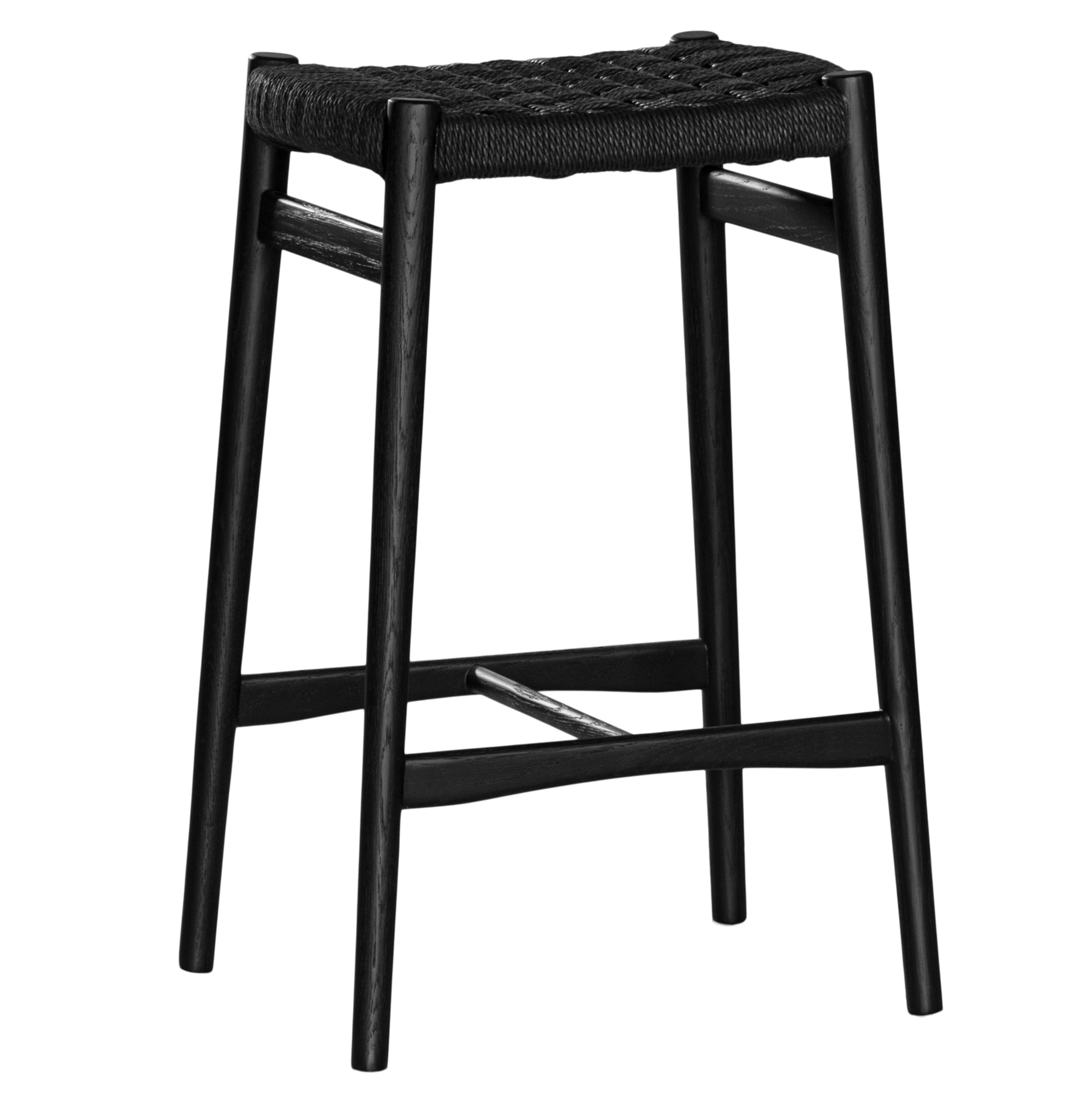 The Kulala Living Handwoven Counter Stool in black features a meticulously woven seat crafted from durable fibre, supported by a solid timber frame with a sleek black finish. This modern yet timeless piece adds texture and sophistication to kitchen and bar spaces.