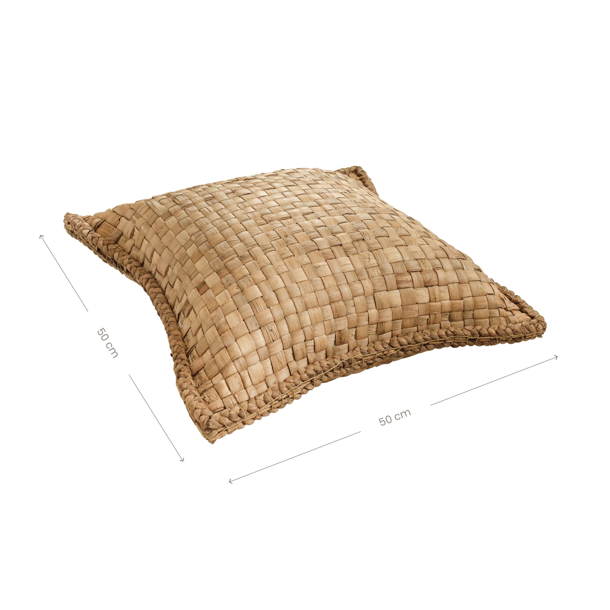 Handwoven water hyacinth cushion with natural texture and braided edging, perfect for adding organic warmth to any living space