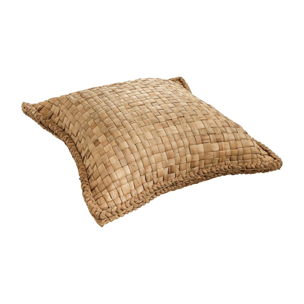 Handwoven water hyacinth cushion with natural texture and braided edging, perfect for adding organic warmth to any living space