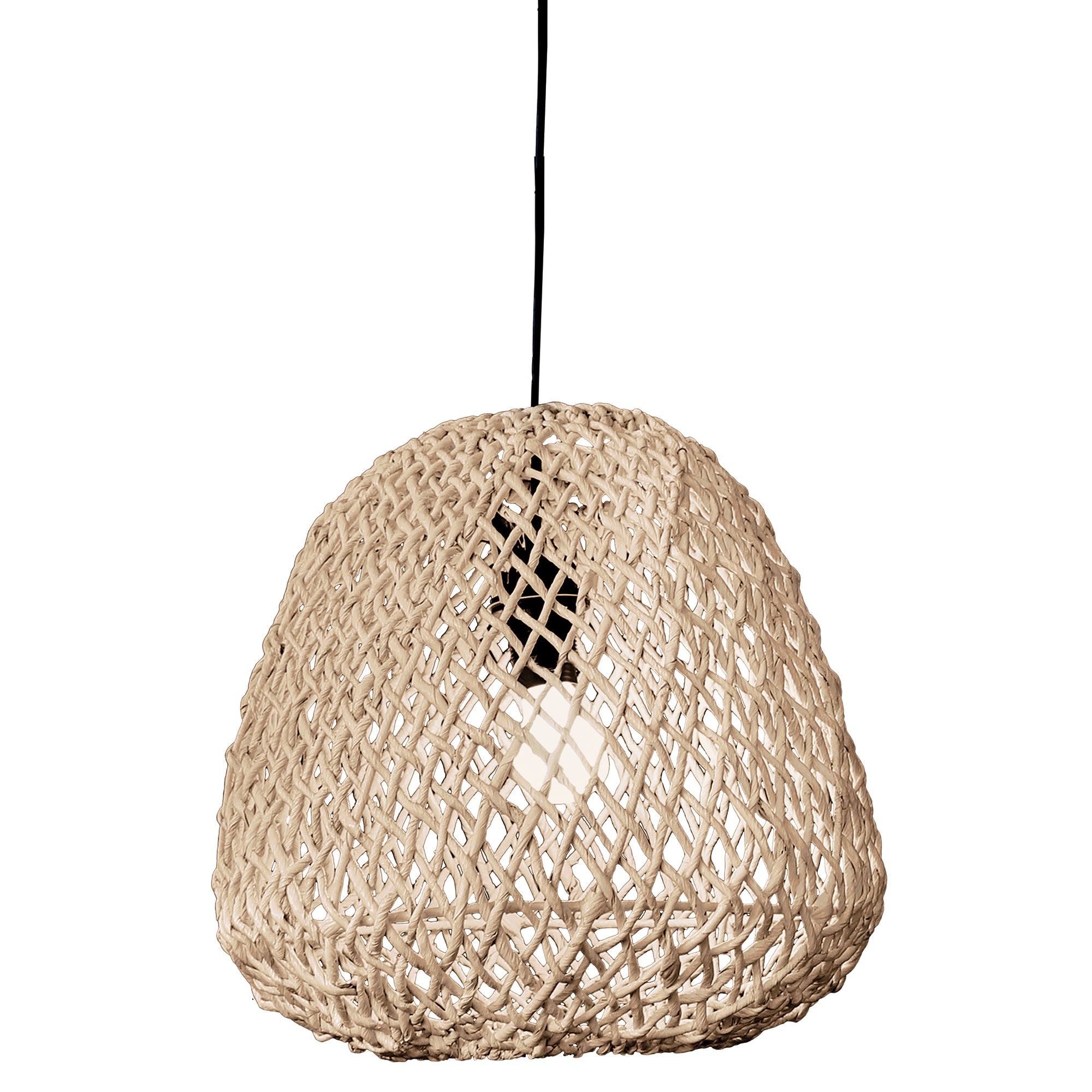 A handwoven rattan pendant light in a natural finish, featuring an open-weave design that casts ambient lighting, perfect for coastal and modern interiors