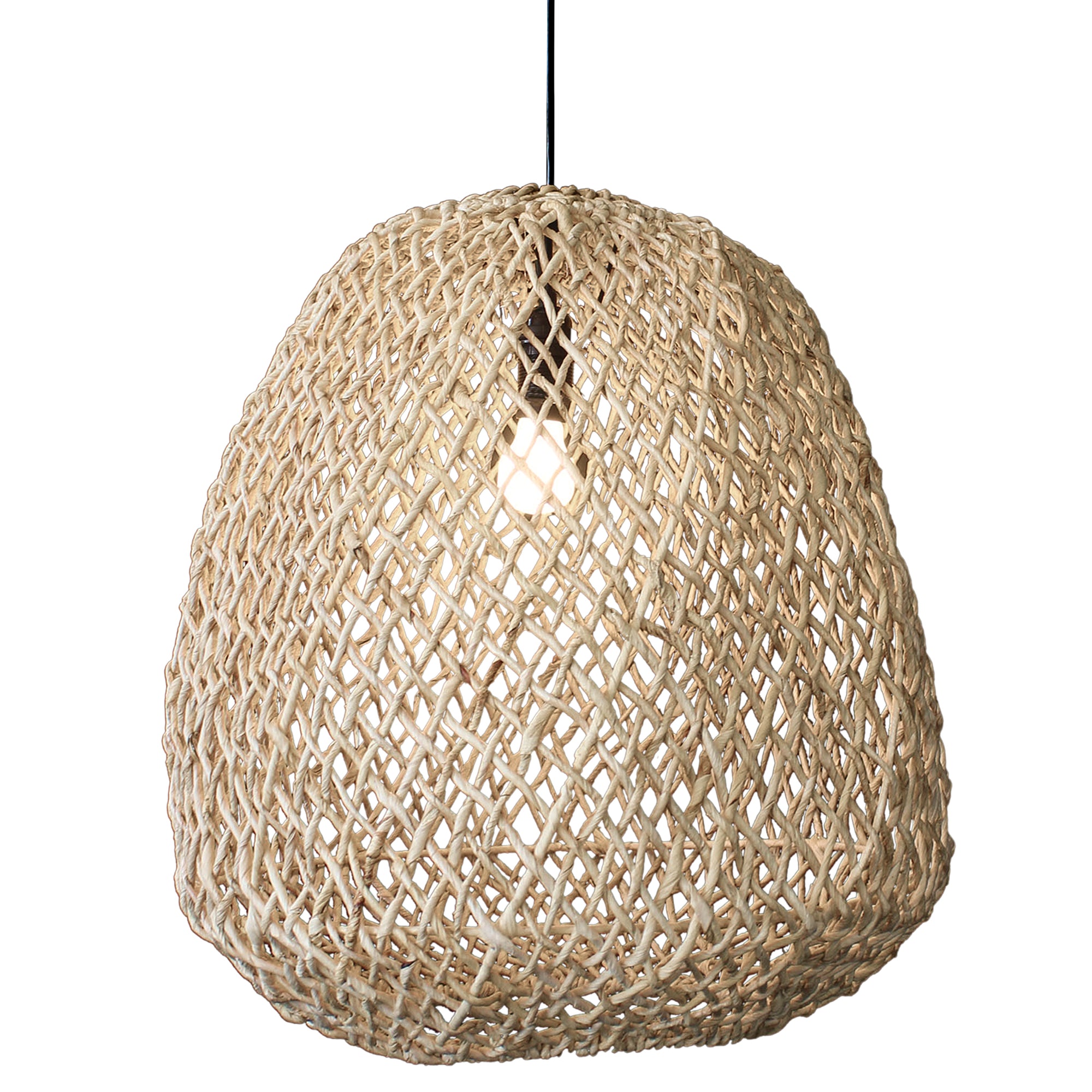 A handwoven rattan pendant light in a natural finish, featuring an open-weave design that casts ambient lighting, perfect for coastal and modern interiors