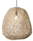 A handwoven rattan pendant light in a natural finish, featuring an open-weave design that casts ambient lighting, perfect for coastal and modern interiors