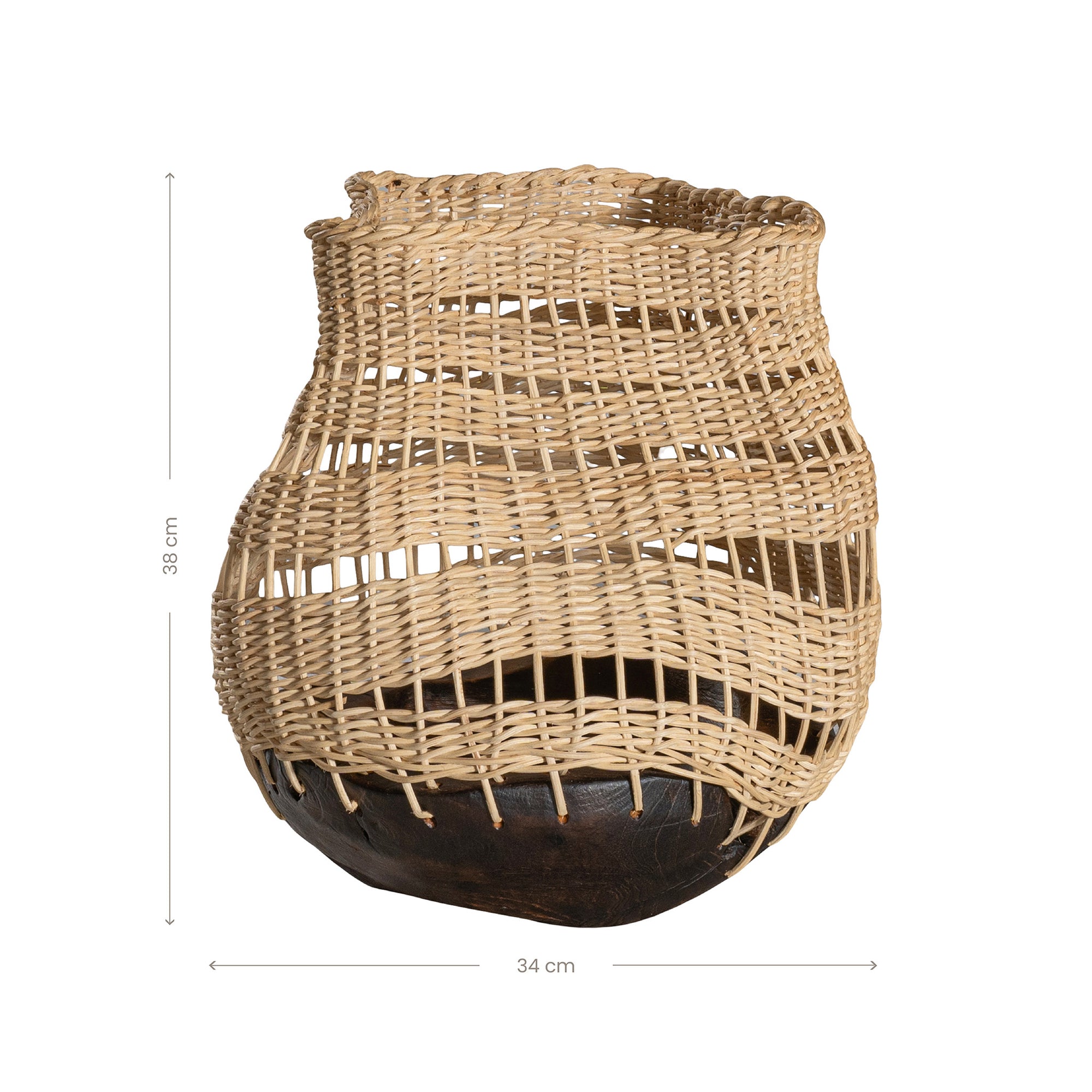A unique handwoven rattan decorative basket with an open-weave design and a dark wooden base. A statement piece that adds texture and organic warmth to any interior