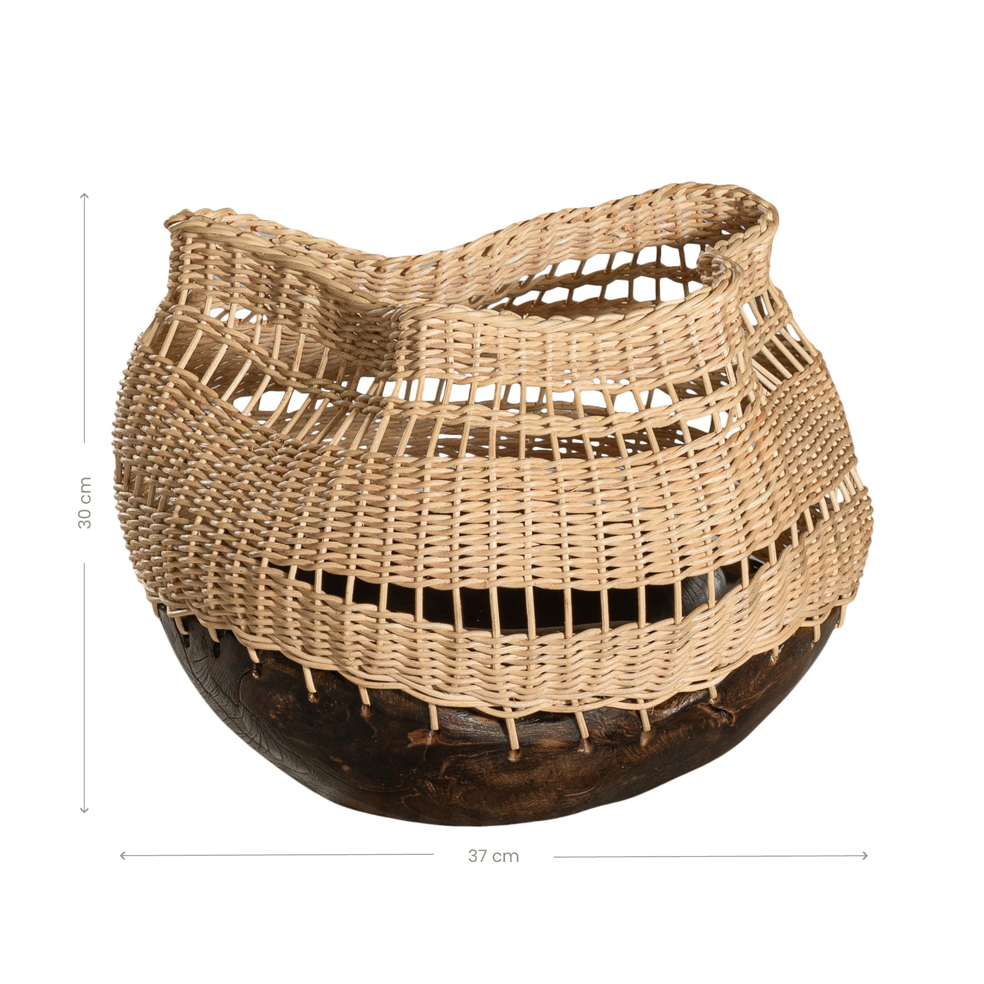 A unique handwoven rattan decorative basket with an open-weave design and a dark wooden base. A statement piece that adds texture and organic warmth to any interior