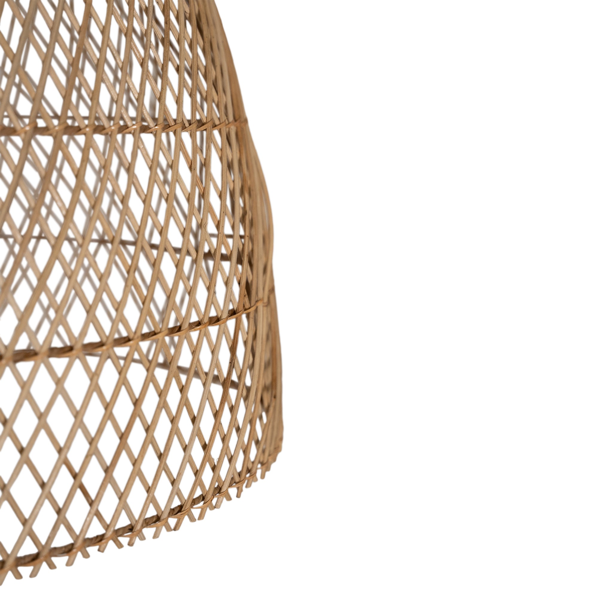 A handcrafted rattan pendant light in a natural finish, featuring an airy woven design that casts soft, ambient lighting. Perfect for coastal, bohemian, and contemporary interiors