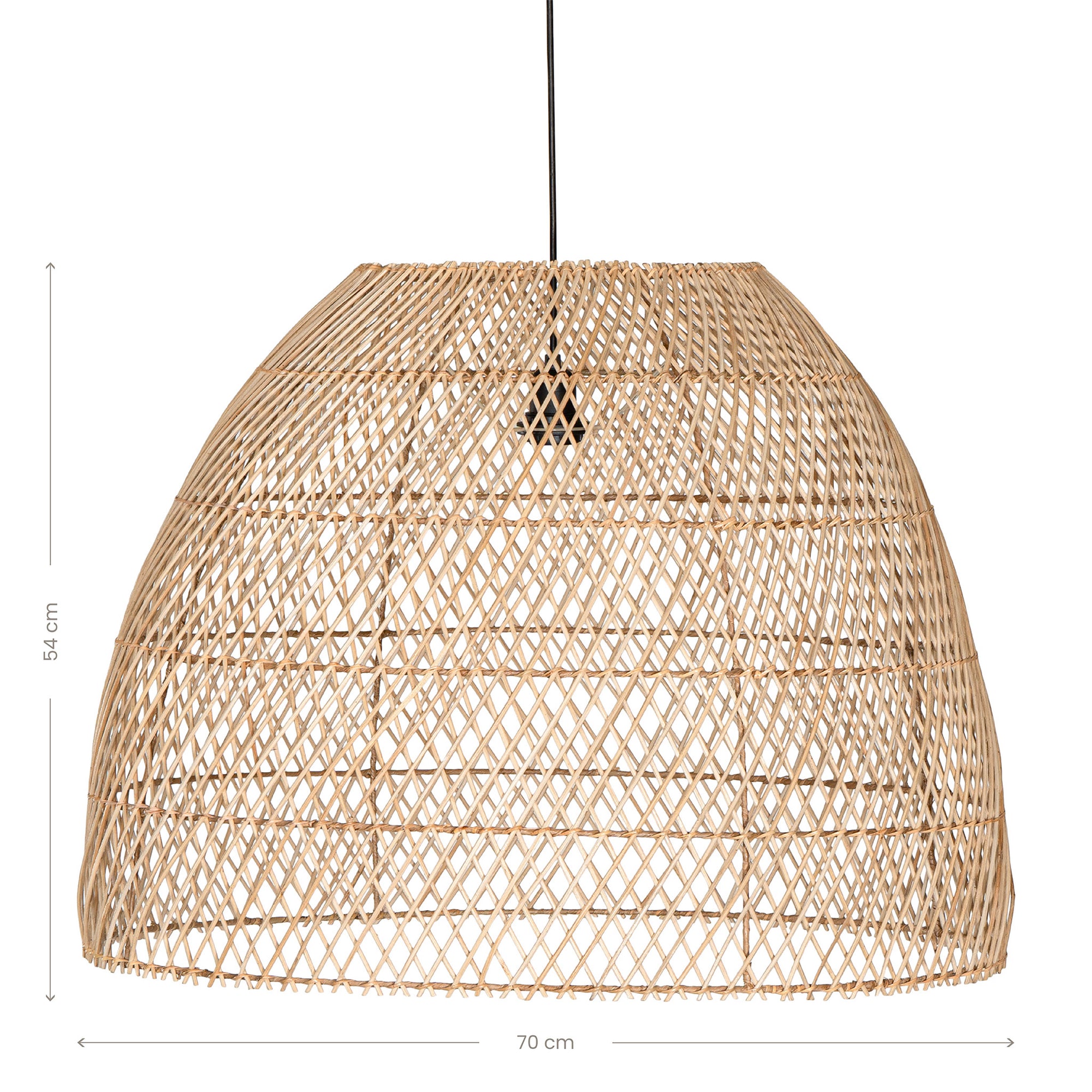 A handcrafted rattan pendant light in a natural finish, featuring an airy woven design that casts soft, ambient lighting. Perfect for coastal, bohemian, and contemporary interiors
