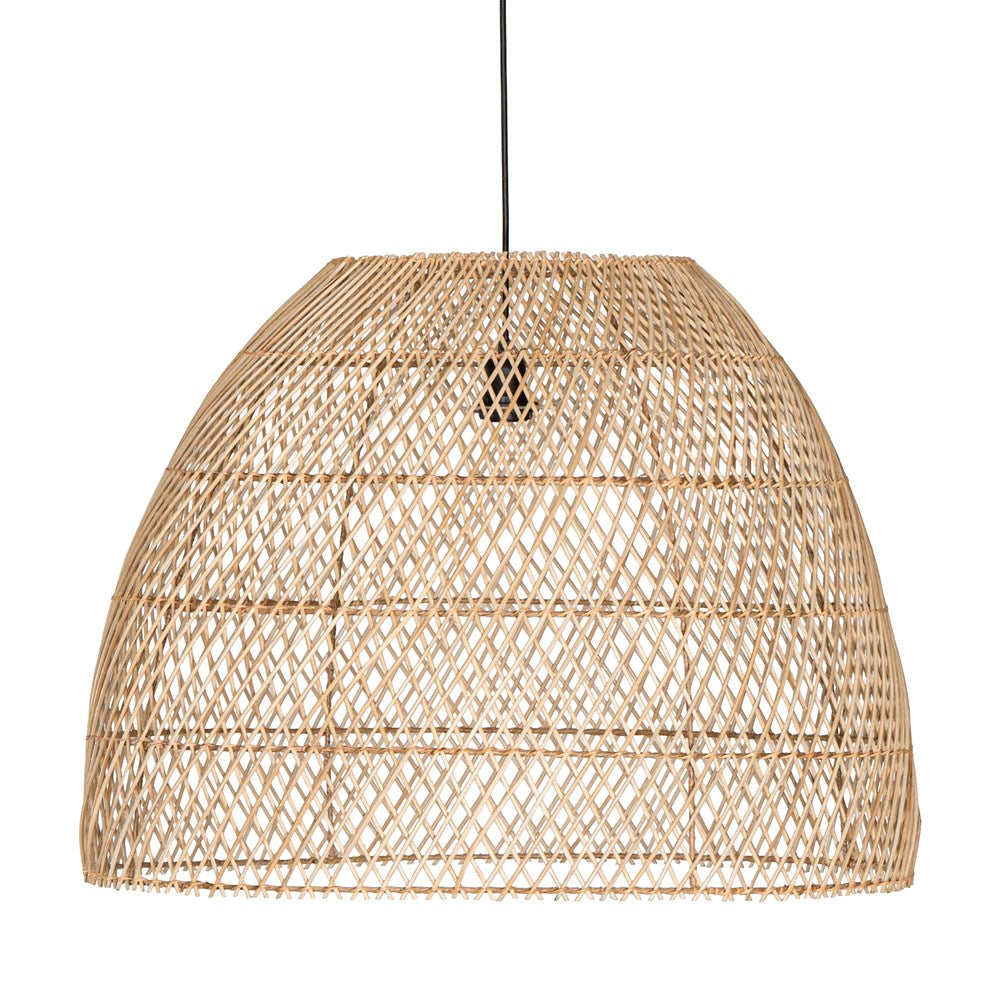 A handcrafted rattan pendant light in a natural finish, featuring an airy woven design that casts soft, ambient lighting. Perfect for coastal, bohemian, and contemporary interiors