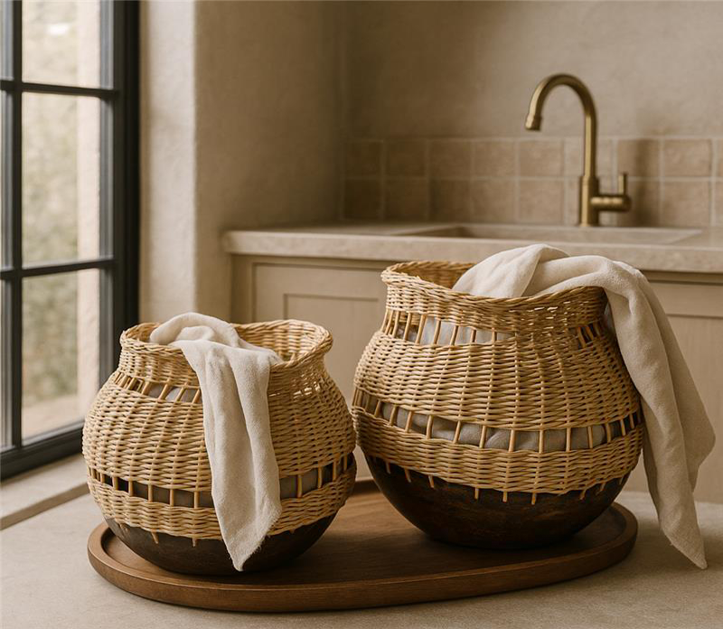 Pair of handwoven rattan baskets with rounded wooden bases, styled with soft neutral linens, placed on a wooden tray in a light-toned laundry room.