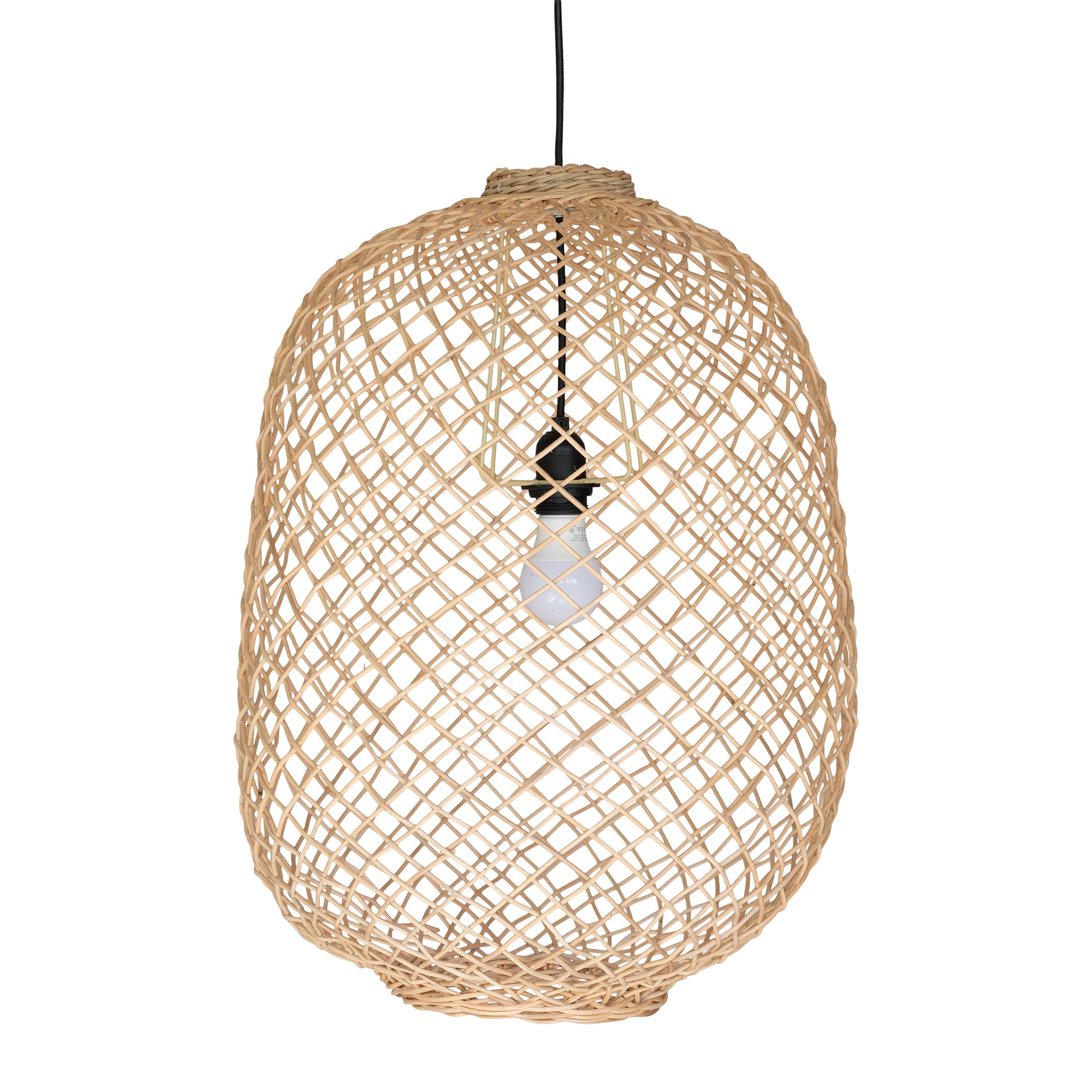 Kulala Living handwoven rattan pendant light with an open-weave design, showcasing a natural aesthetic and soft ambient lighting