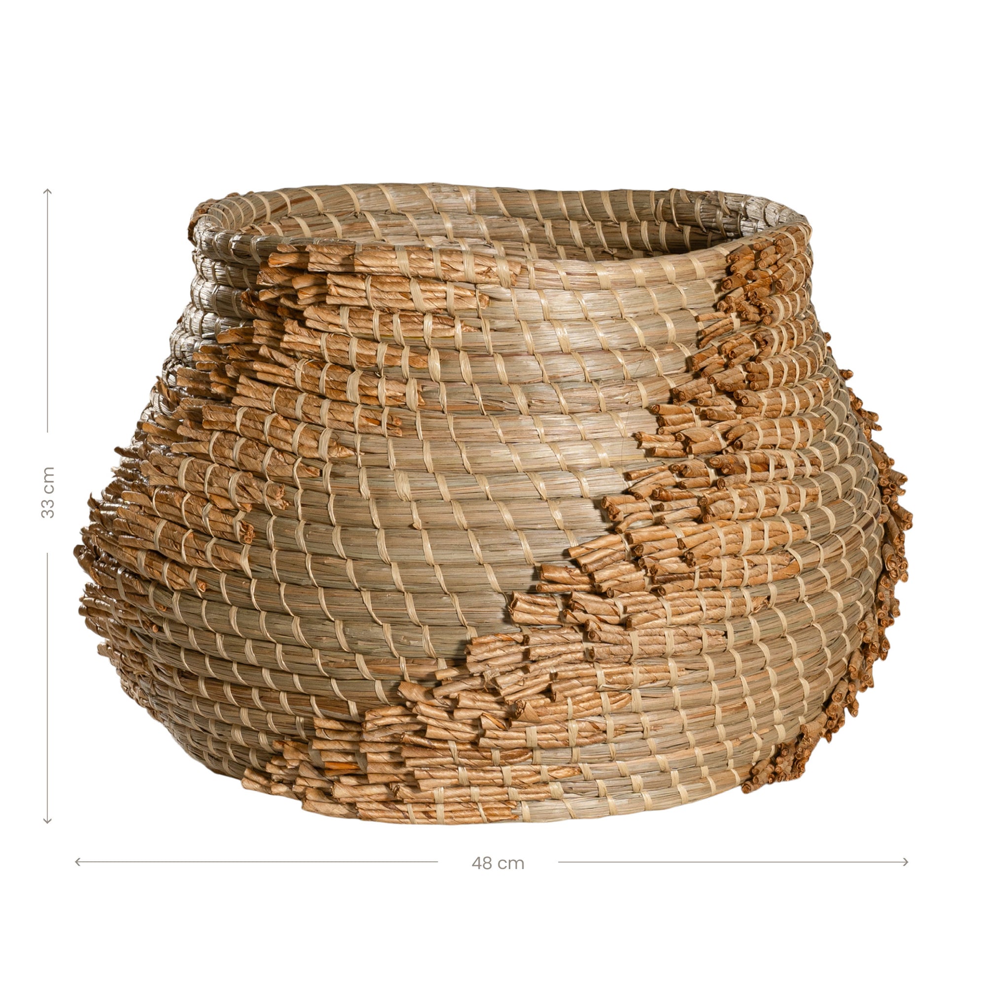 Handwoven seagrass basket with organic textured detailing, featuring natural tones and intricate weaving, ideal for contemporary home decor