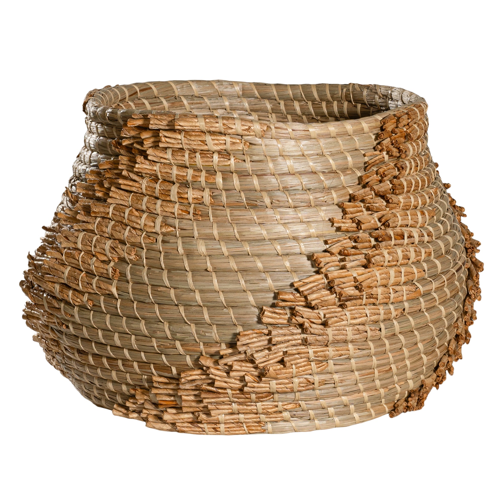 Handwoven seagrass basket with organic textured detailing, featuring natural tones and intricate weaving, ideal for contemporary home decor