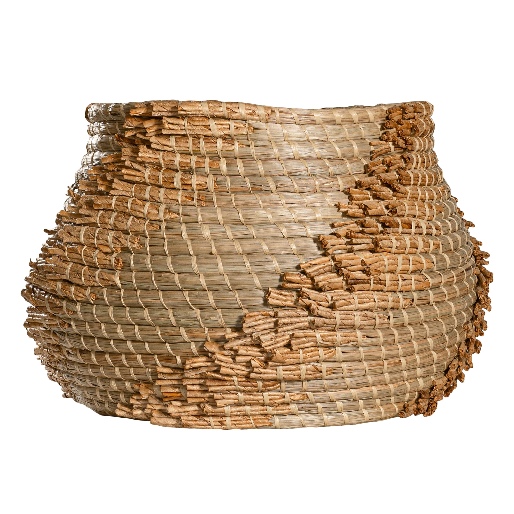Handwoven seagrass basket with organic textured detailing, featuring natural tones and intricate weaving, ideal for contemporary home decor