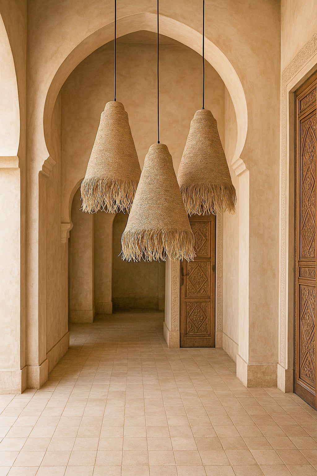 Set of three KULALA Living Hembe pendant lights handcrafted from natural fibre with fringed edges, suspended in an arched sandstone hallway for a statement lighting moment