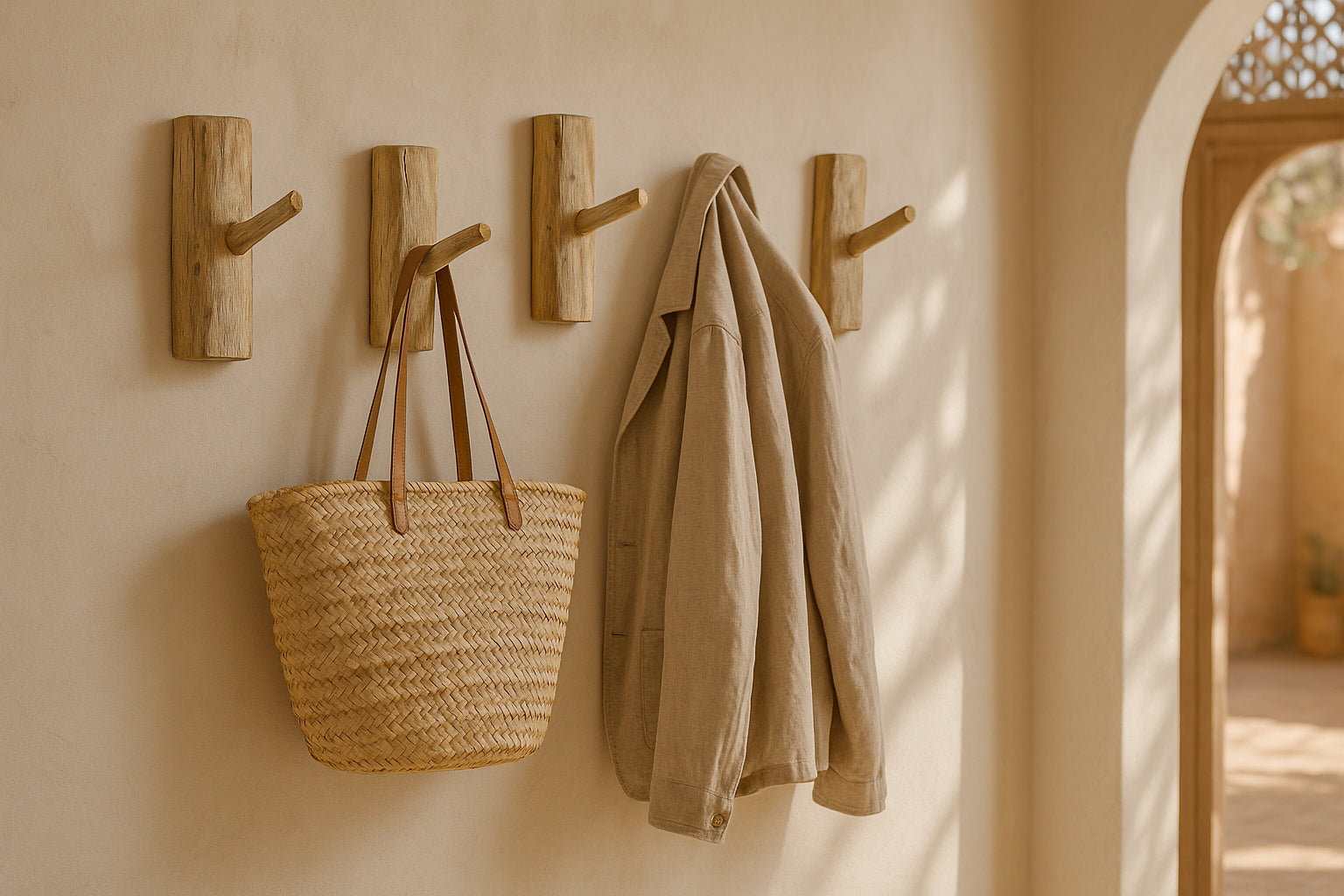 Set of KULALA Living Intonga Wall Hooks hand-carved from teak, styled in a warm mudroom setting with a hanging woven basket and linen coat.