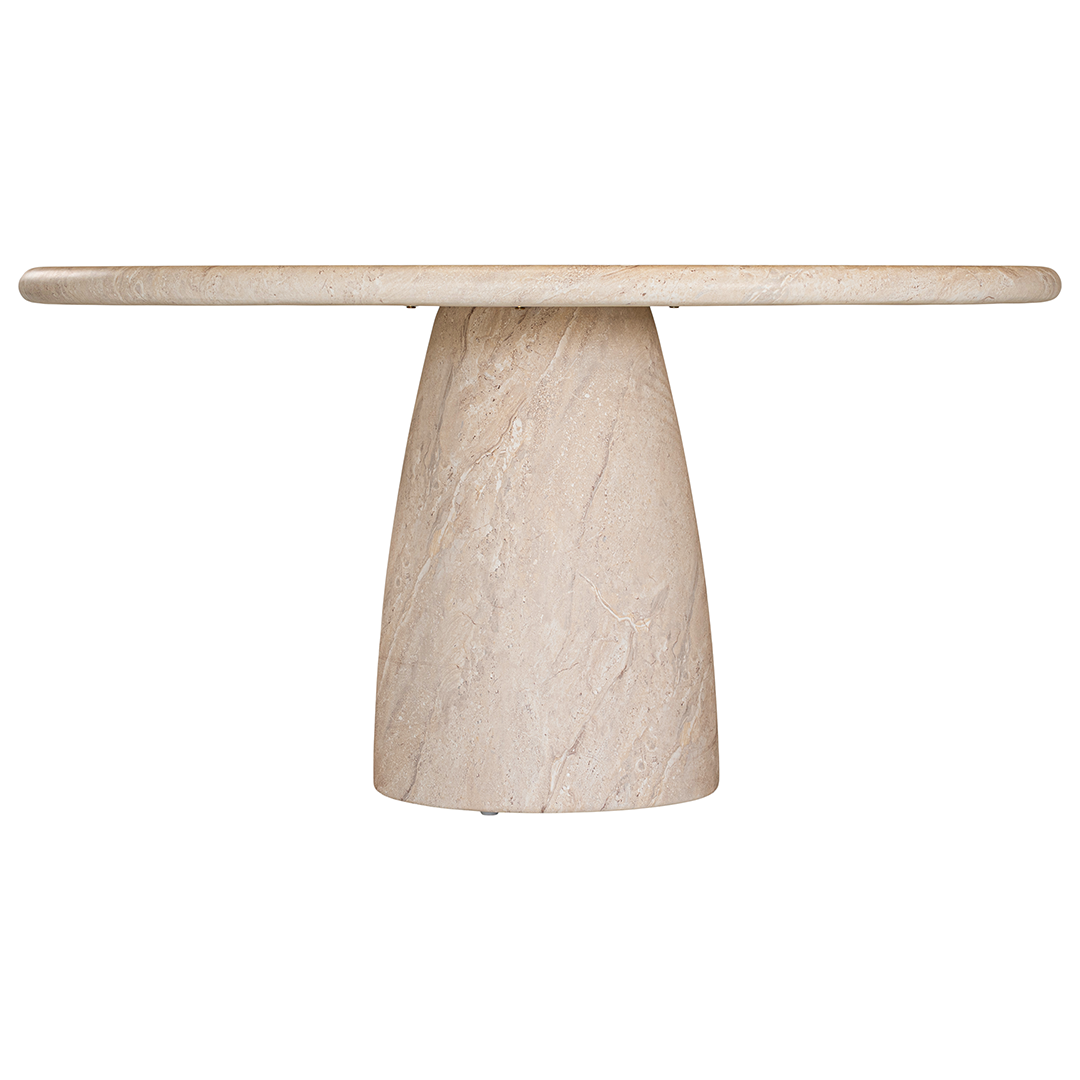 Jabari dining table in dune hydro dipped finish with round tabletop and sculptural pedestal base.