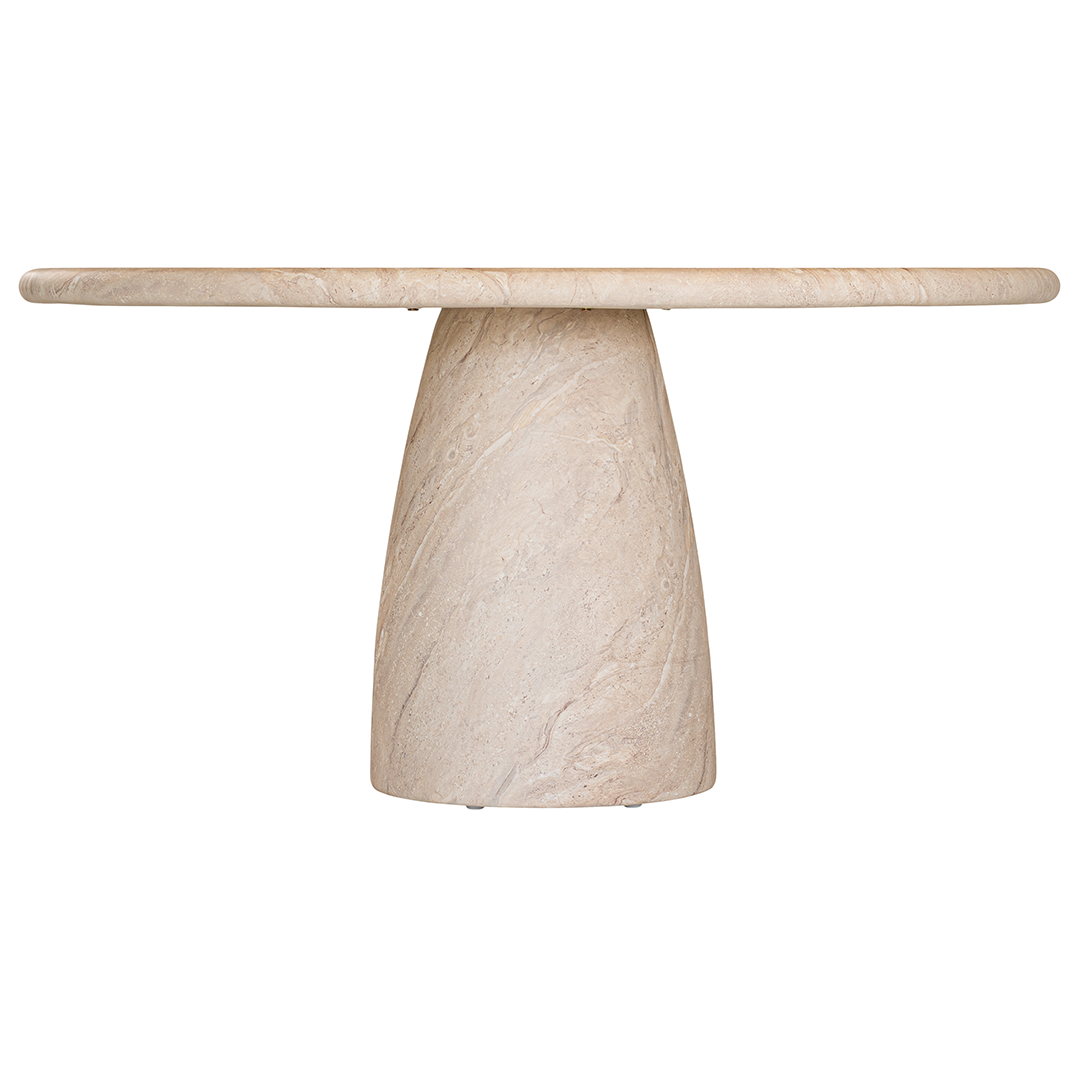 Jabari dining table in dune hydro dipped finish with round tabletop and sculptural pedestal base.
