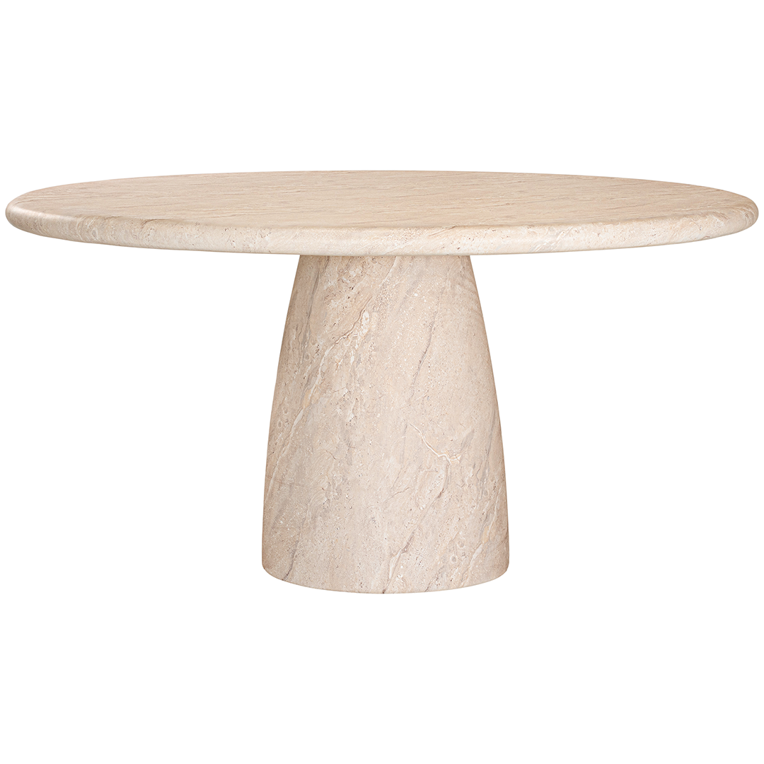 Jabari dining table in dune hydro dipped finish with round tabletop and sculptural pedestal base.