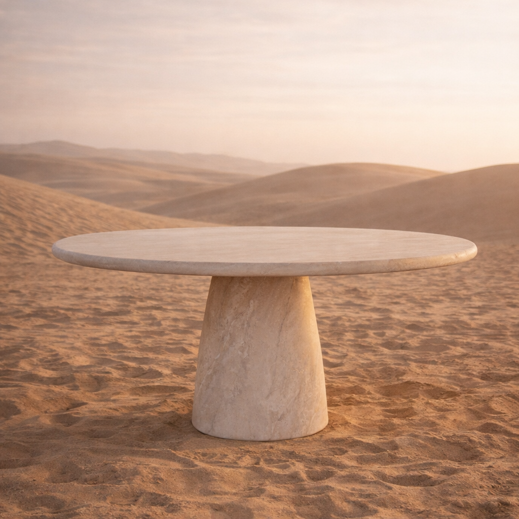 Jabari dining table in dune finish with round tabletop and sculptural tapered pedestal base set in a warm desert landscape.
