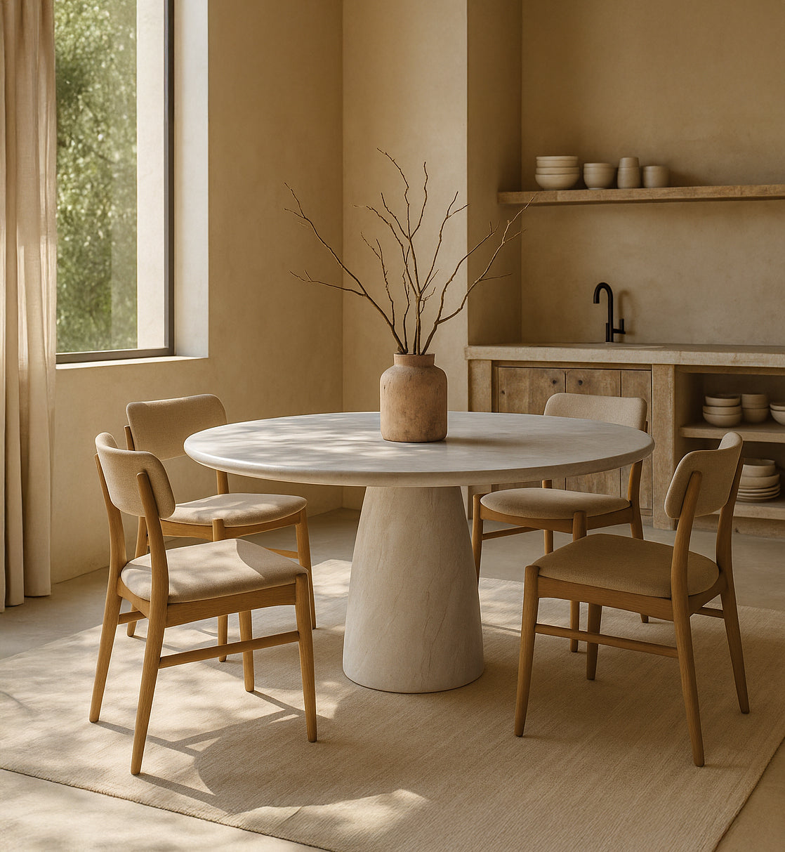 Jabari Hydro Dipped Dining Table with smooth mineral-style finish styled in a modern neutral dining room with timber chairs, ceramic tableware, and natural light.