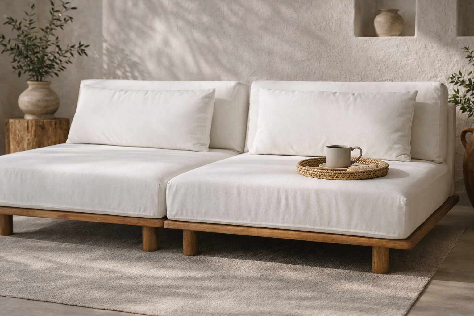 Janelle sofa with low natural timber base and soft white cushions, styled in a warm textured interior with earthy pottery and filtered sunlight.
