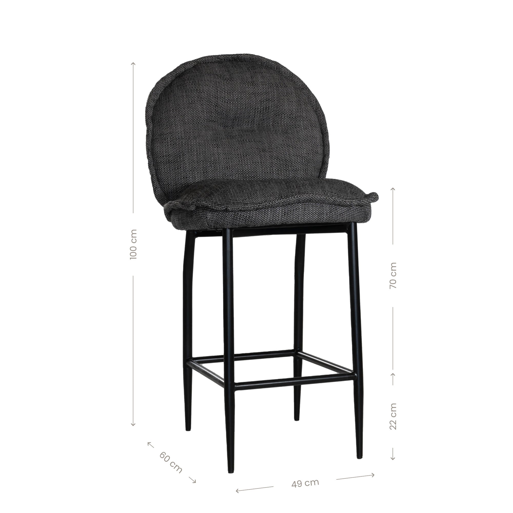 Kulala Living Jelani Bar Chair in dark grey fabric with a plush cushioned seat and black metal legs, offering a stylish and comfortable bar seating solution