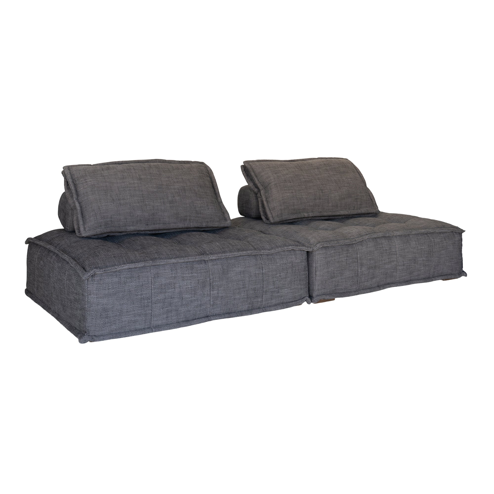 A stylish grey linen modular sofa with a low-profile design and plush cushioning, offering a relaxed and contemporary seating option for modern interiors