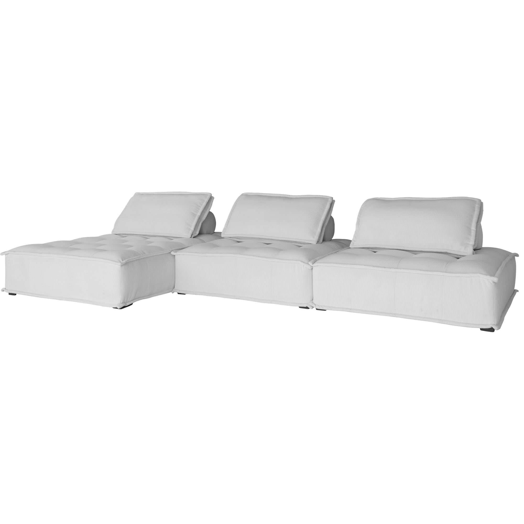 A stylish corduroy modular sofa with a low-profile design and plush cushioning, offering a relaxed and contemporary seating option for modern interiors