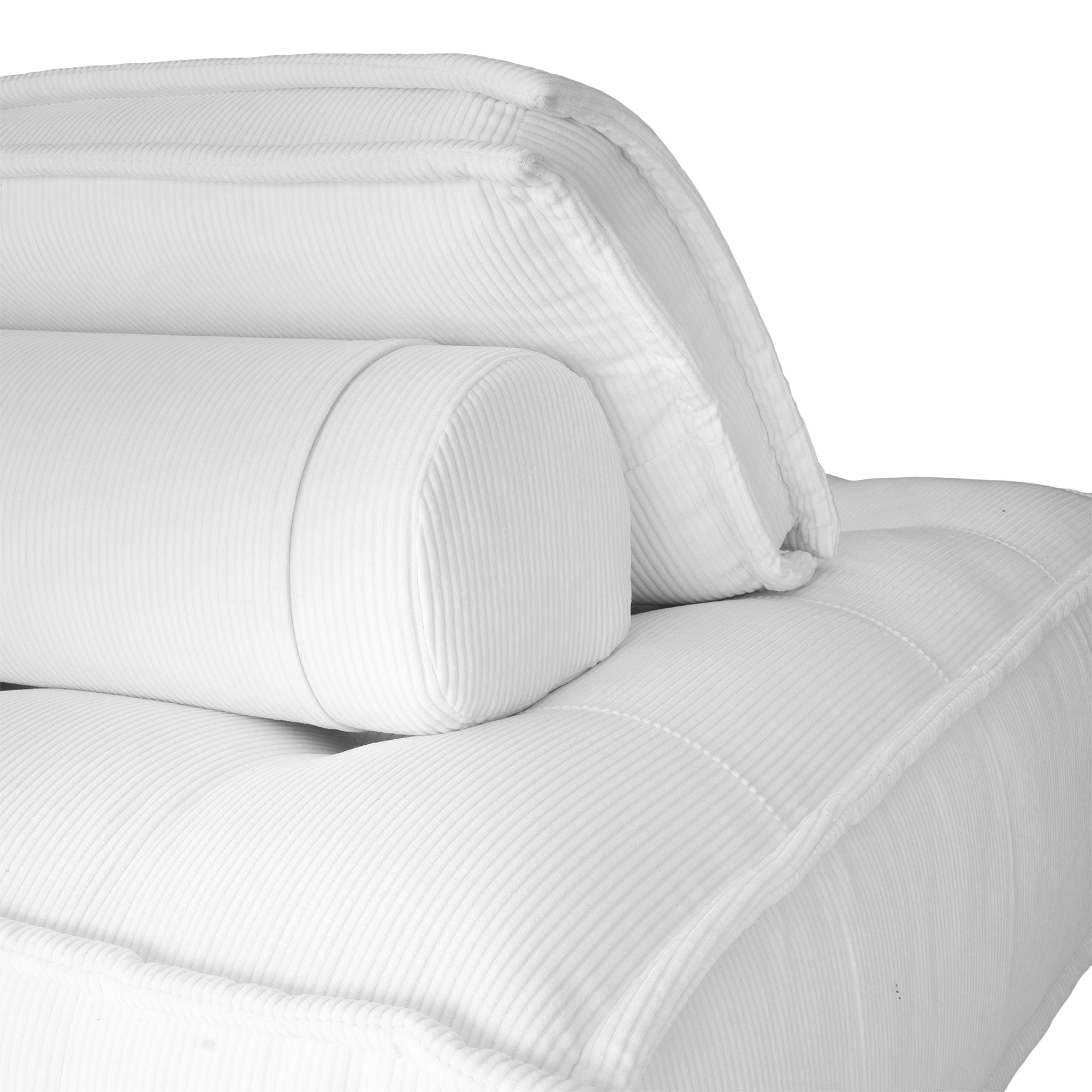 A stylish white corduroy modular sofa with a low-profile design and plush cushioning, offering a relaxed and contemporary seating option for modern interiors