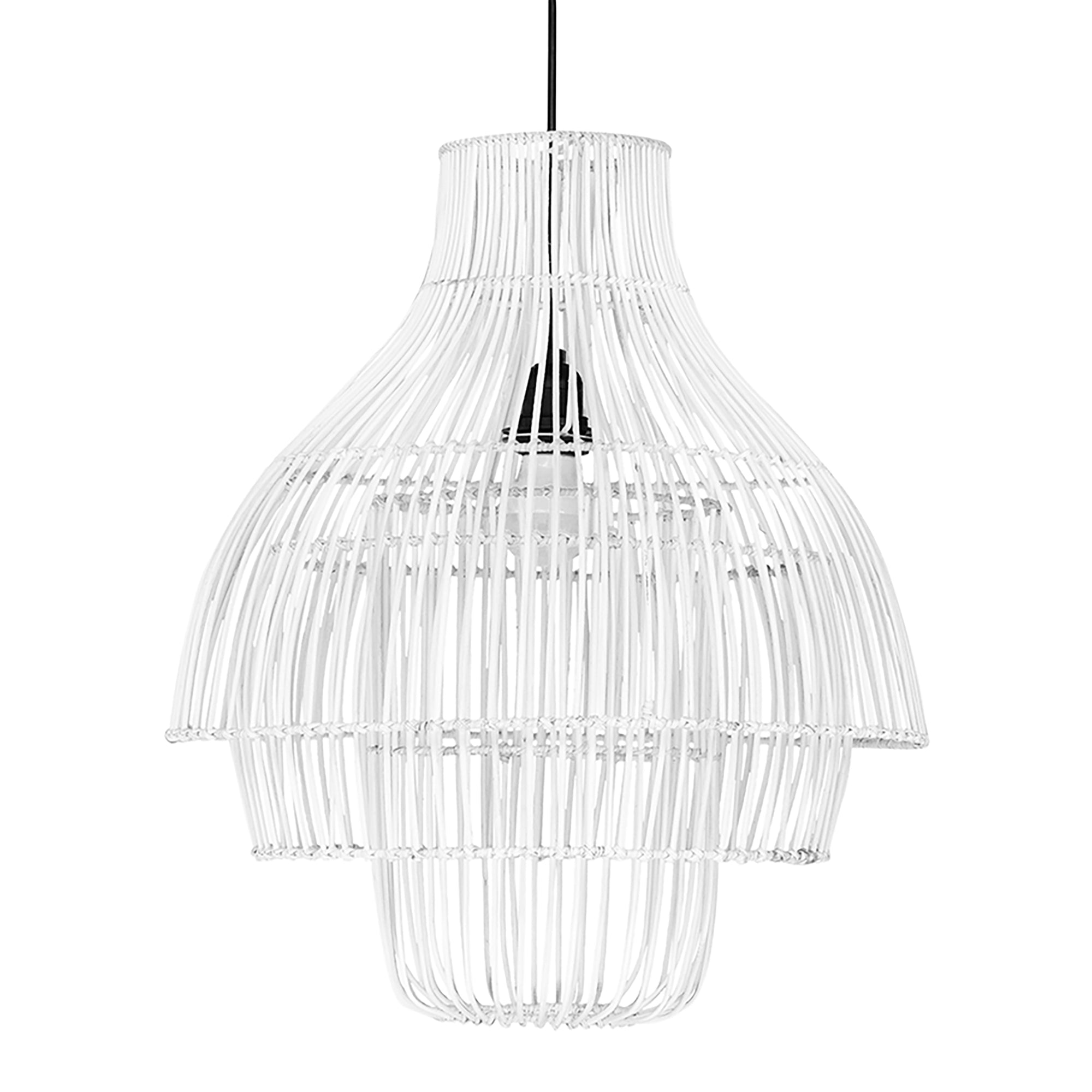Juuma white rattan pendant light with curved tiered design, perfect for adding soft texture and coastal elegance to dining or living spaces