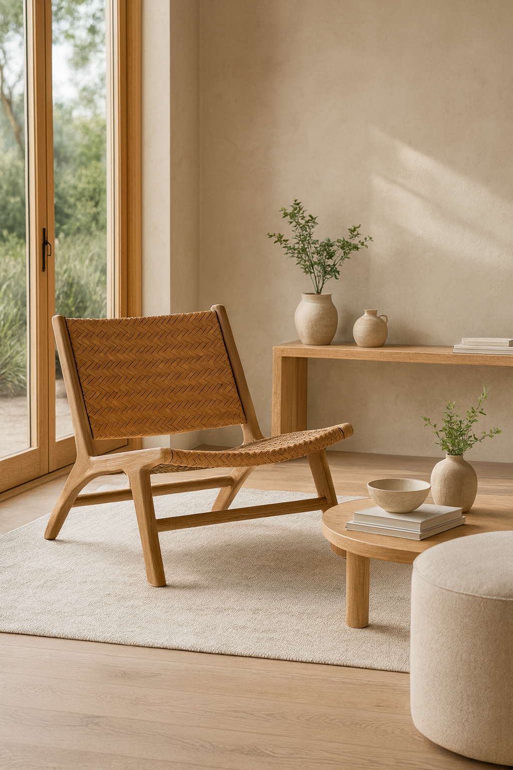 Teak lounge chair with woven herringbone seat and backrest, styled in a minimalist living space with neutral tones, timber furniture, and ceramic vases.