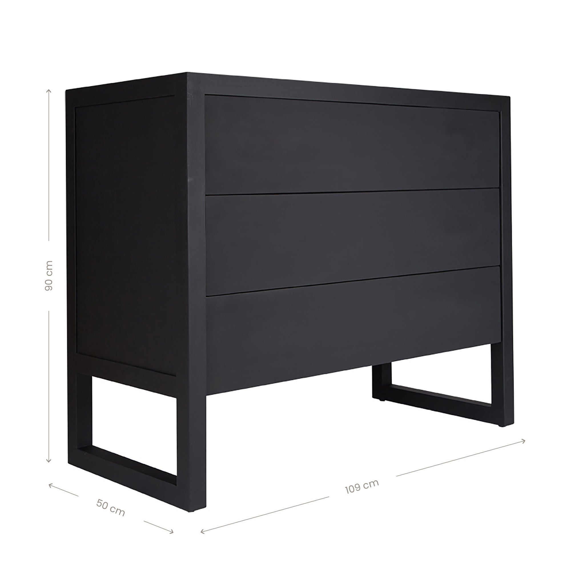 Khama black wooden chest of drawers with minimalist design and open-leg base, ideal for contemporary bedroom or hallway styling