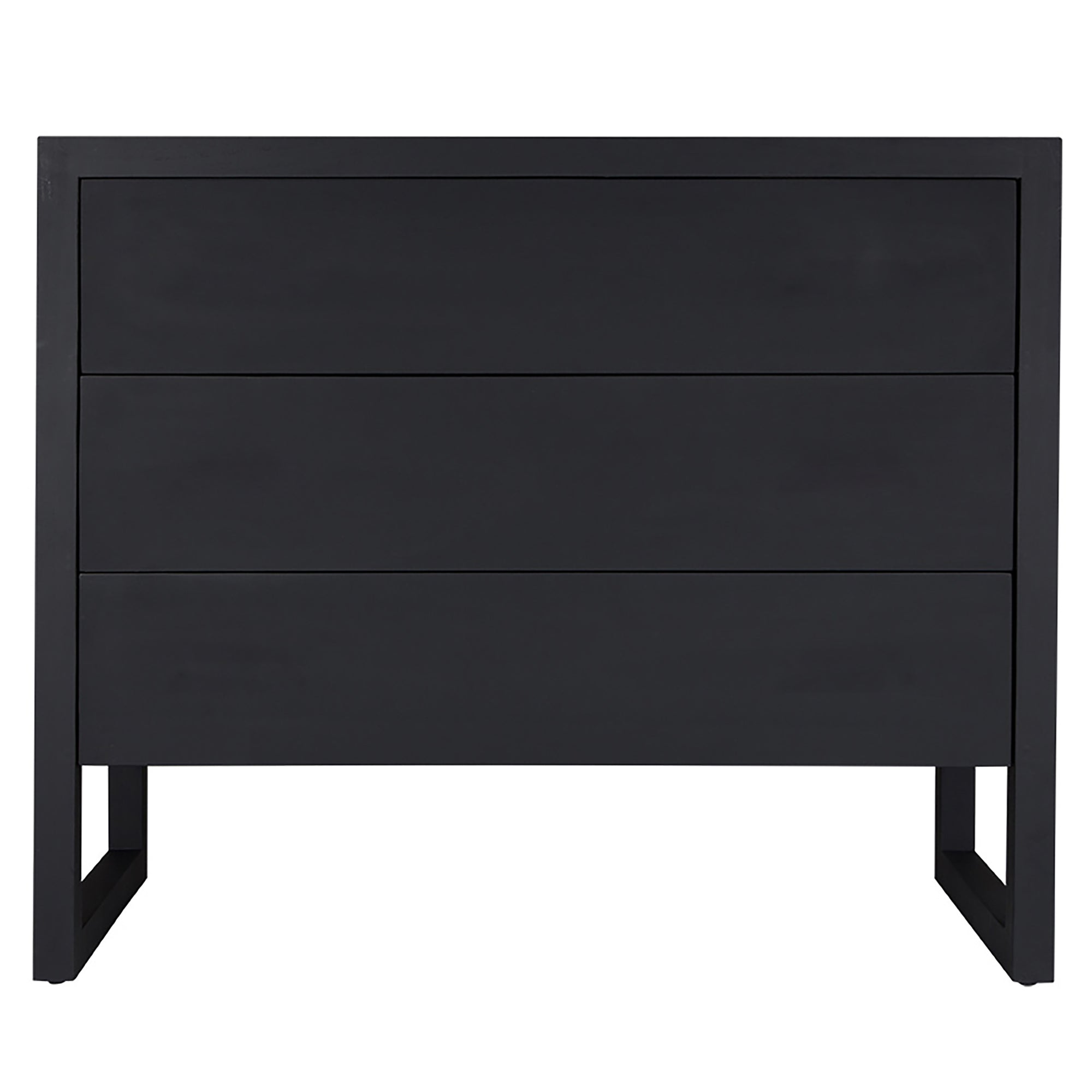 Khama black wooden chest of drawers with minimalist design and open-leg base, ideal for contemporary bedroom or hallway styling