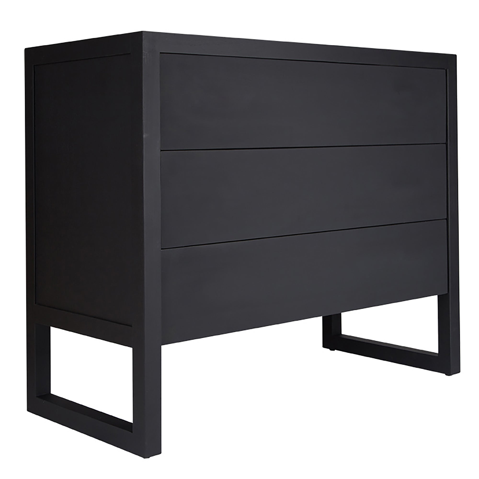 Khama black wooden chest of drawers with minimalist design and open-leg base, ideal for contemporary bedroom or hallway styling
