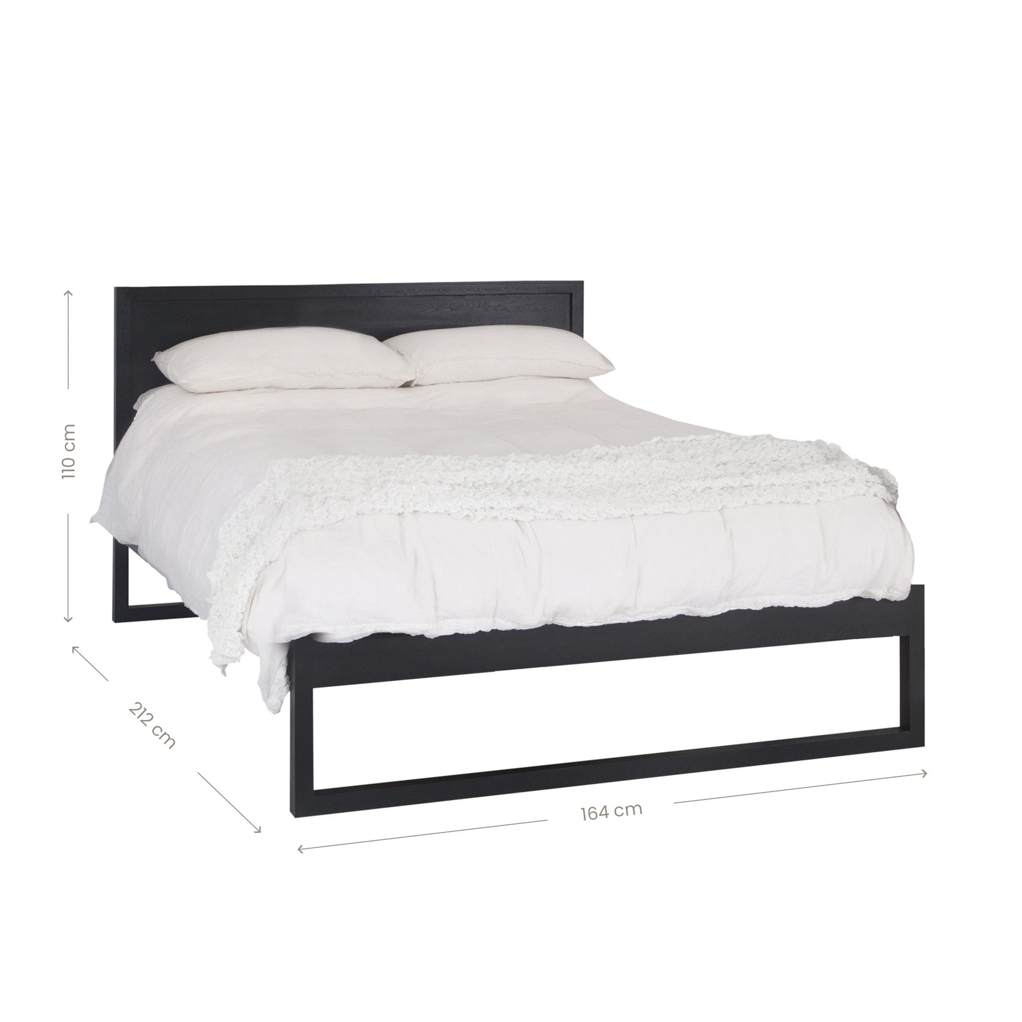 A sleek modern bed frame crafted from black oak, featuring a minimalist open-base design. The bed is styled with crisp white linen and plush pillows, offering a refined and contemporary bedroom aesthetic