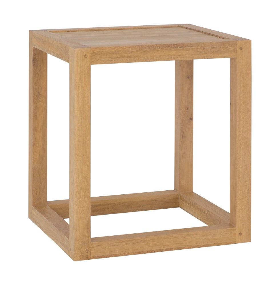 Solid oak side table with clean square lines styled for calm modern organic australian interiors
