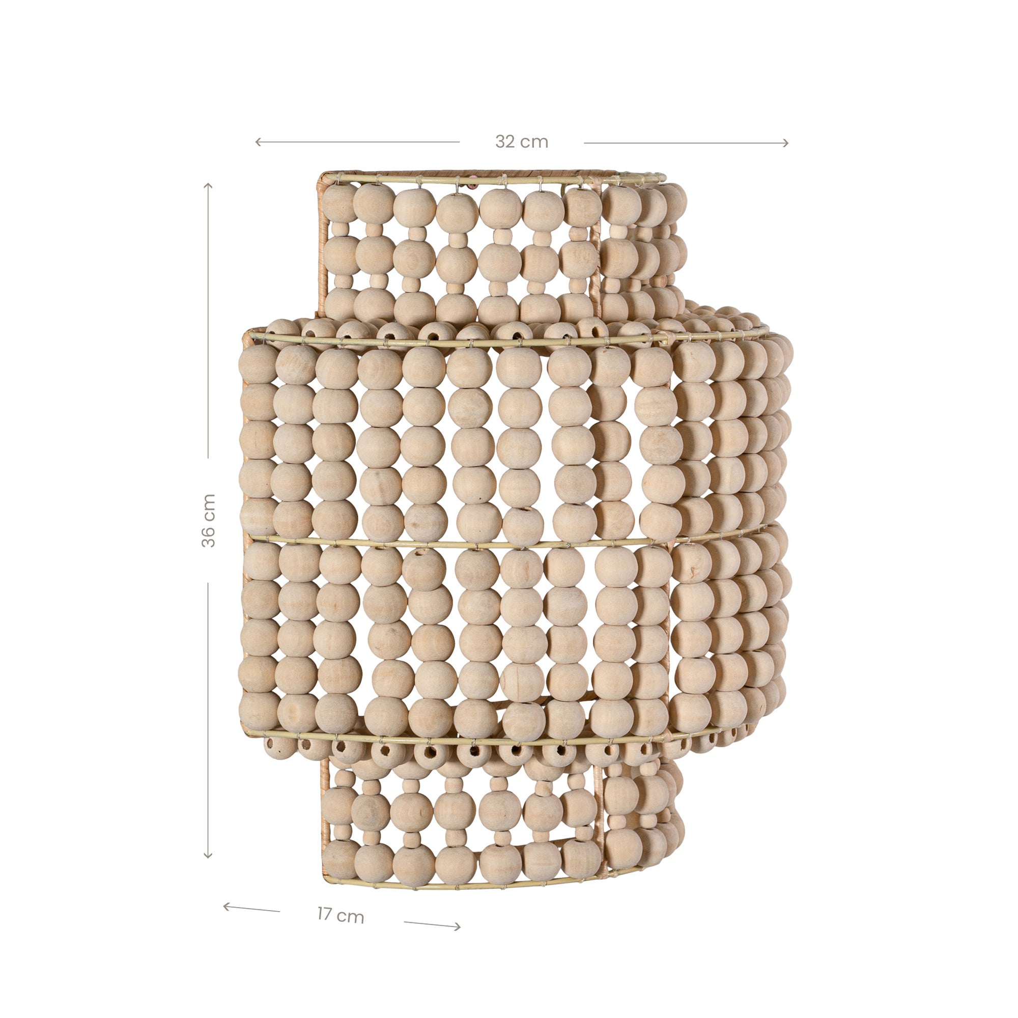 Kofi sconce with layered hand-strung natural wooden beads and sculptural silhouette, offering warm, organic lighting for relaxed modern interiors