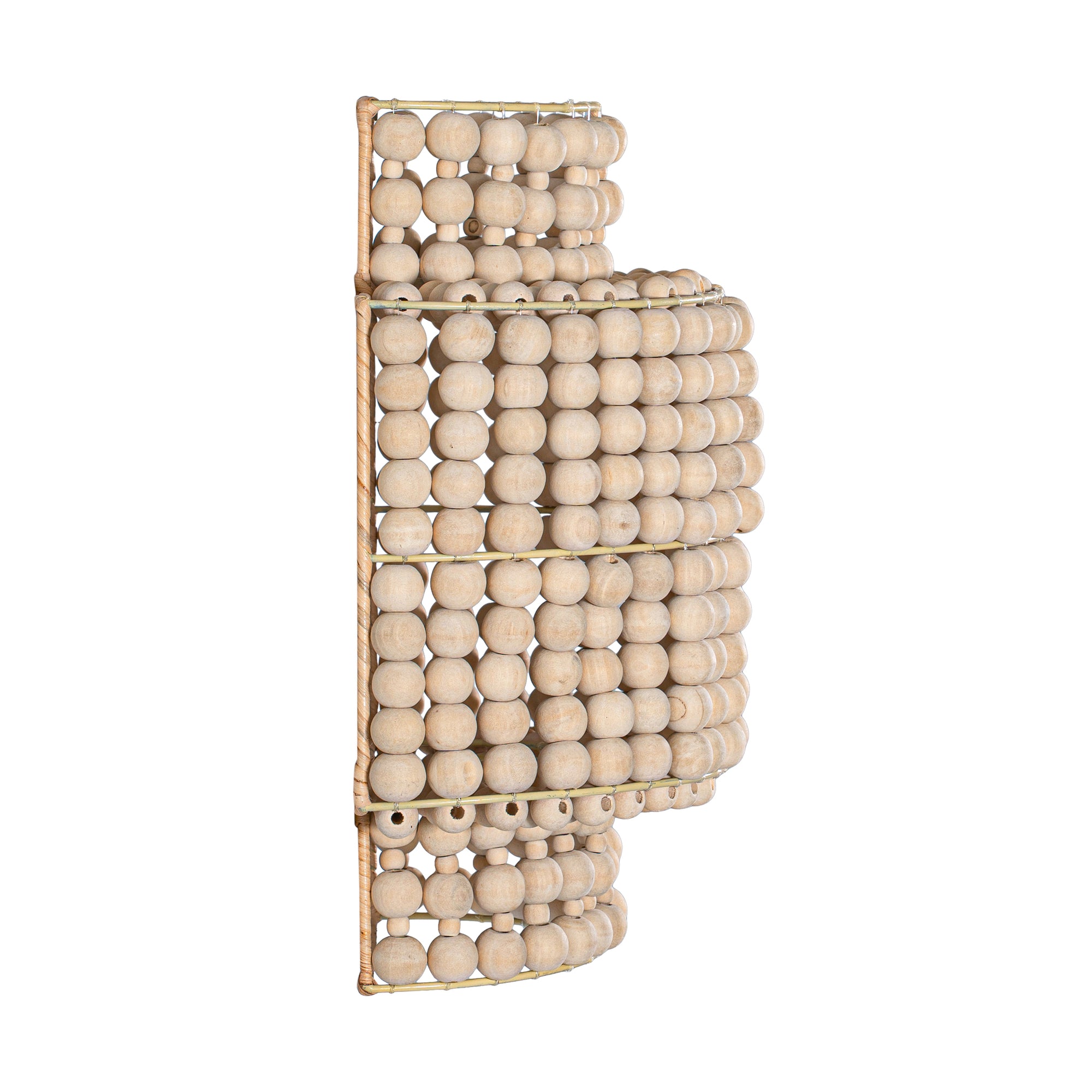 Kofi sconce with layered hand-strung natural wooden beads and sculptural silhouette, offering warm, organic lighting for relaxed modern interiors