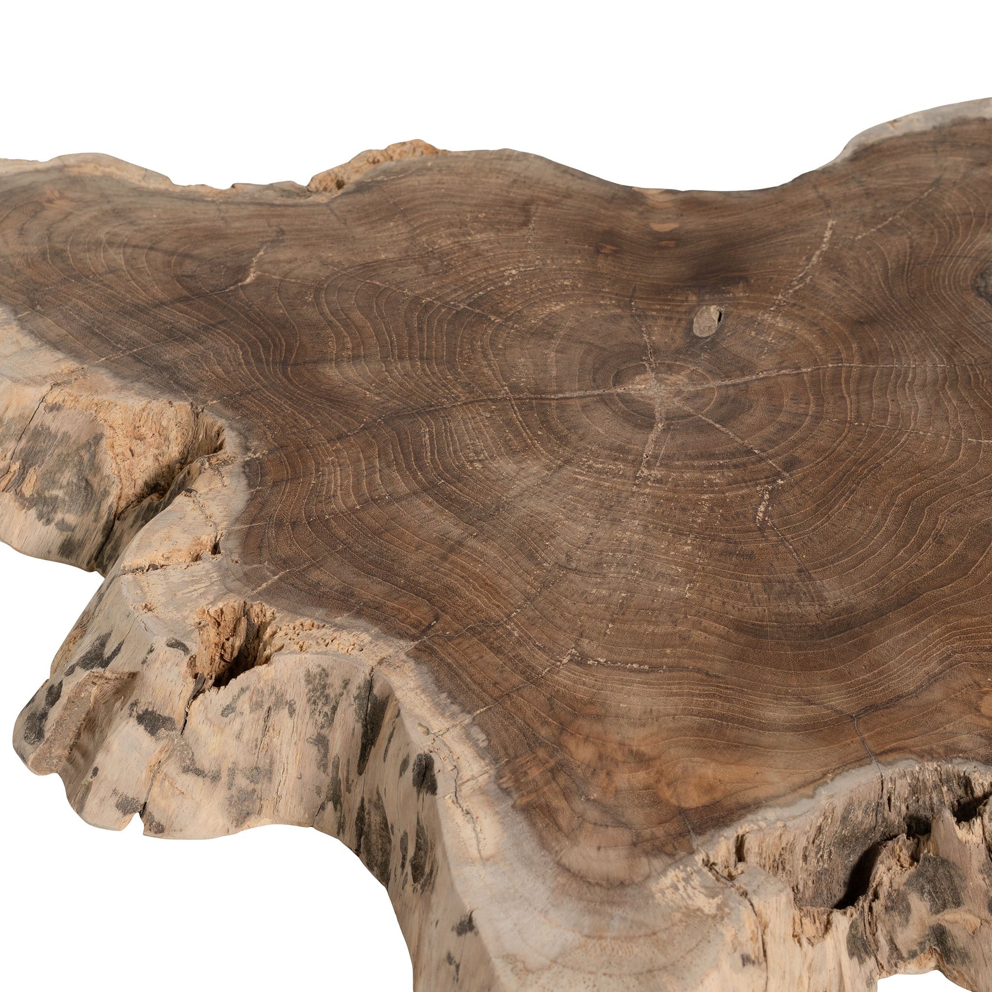 Koro serving board in teak featuring natural edge detail and rich organic wood grain.